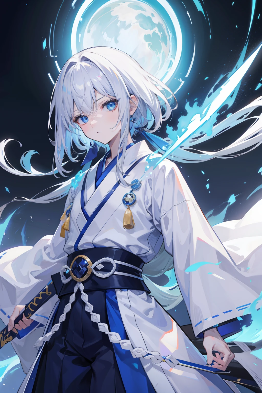 the Extremely Detailed CG Unity 8K Wallpapers, masutepiece, Best Quality, Extremely detailed details, a high chroma, Stand on the street at night, japanese theme, cabelos preto e longos, blue eyess, male teen, White jacket, Black Hakama, Aoba Ori, colossal, A good blue weapon in one hand, Intimidating, Scene engulfed in blue flames, Sword