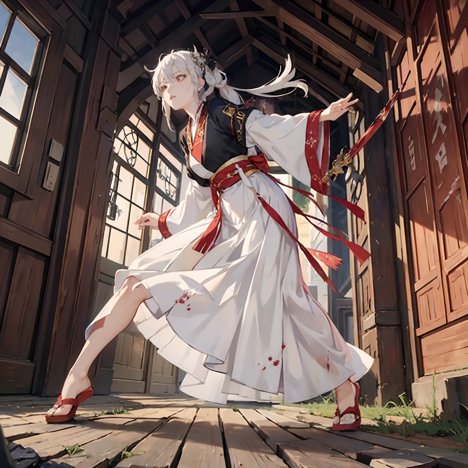 frown, rape face, White hair, hair messy, Kanzashi, bloodshot eyes, battle posture, Sword in hand, surrealism, Anime style, cubism, Chiaroscuro, Ray tracing, From Side, high detailing, Realism, 8K, Super Detail, Anatomically correct, Super Detail, Super Detail, Super HD, masutepiece, Hanfu, plein air, dynamic view, Full body portrait, Skirt, Tang knife,