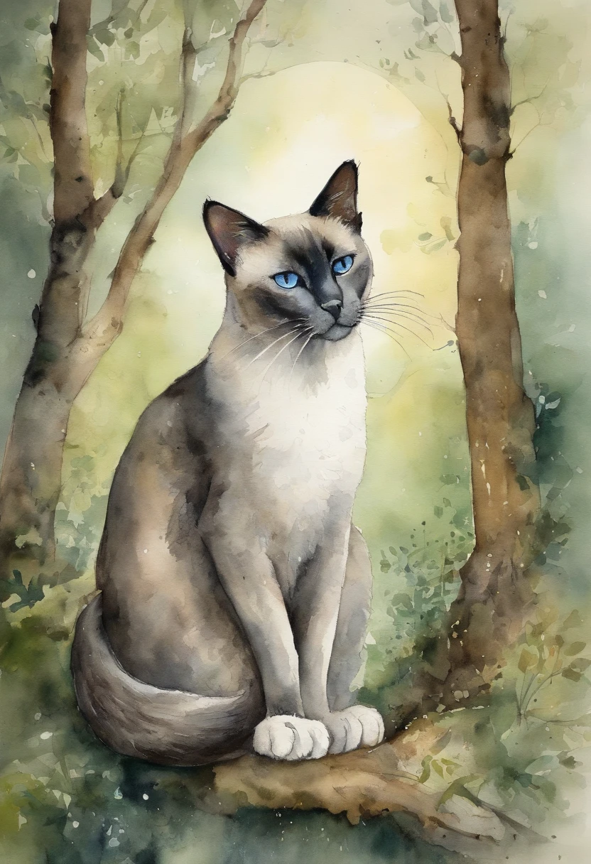 tmasterpiece、top-quality、Morning、Siamese cat、middle aged man、a moon、the woods