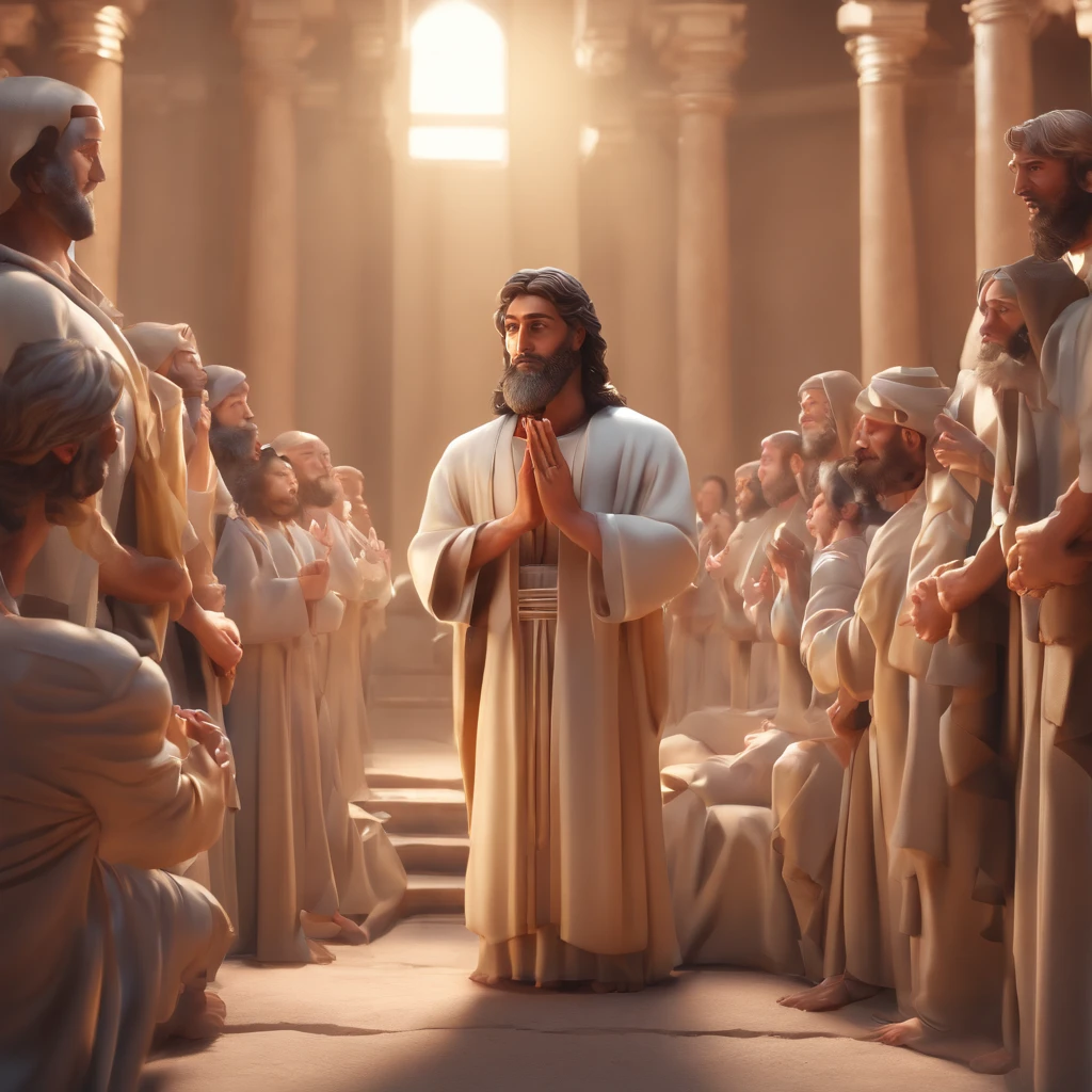 An image of Bartimaeus praying with his hands outstretched toward Jesus as the surrounding crowd watched him.