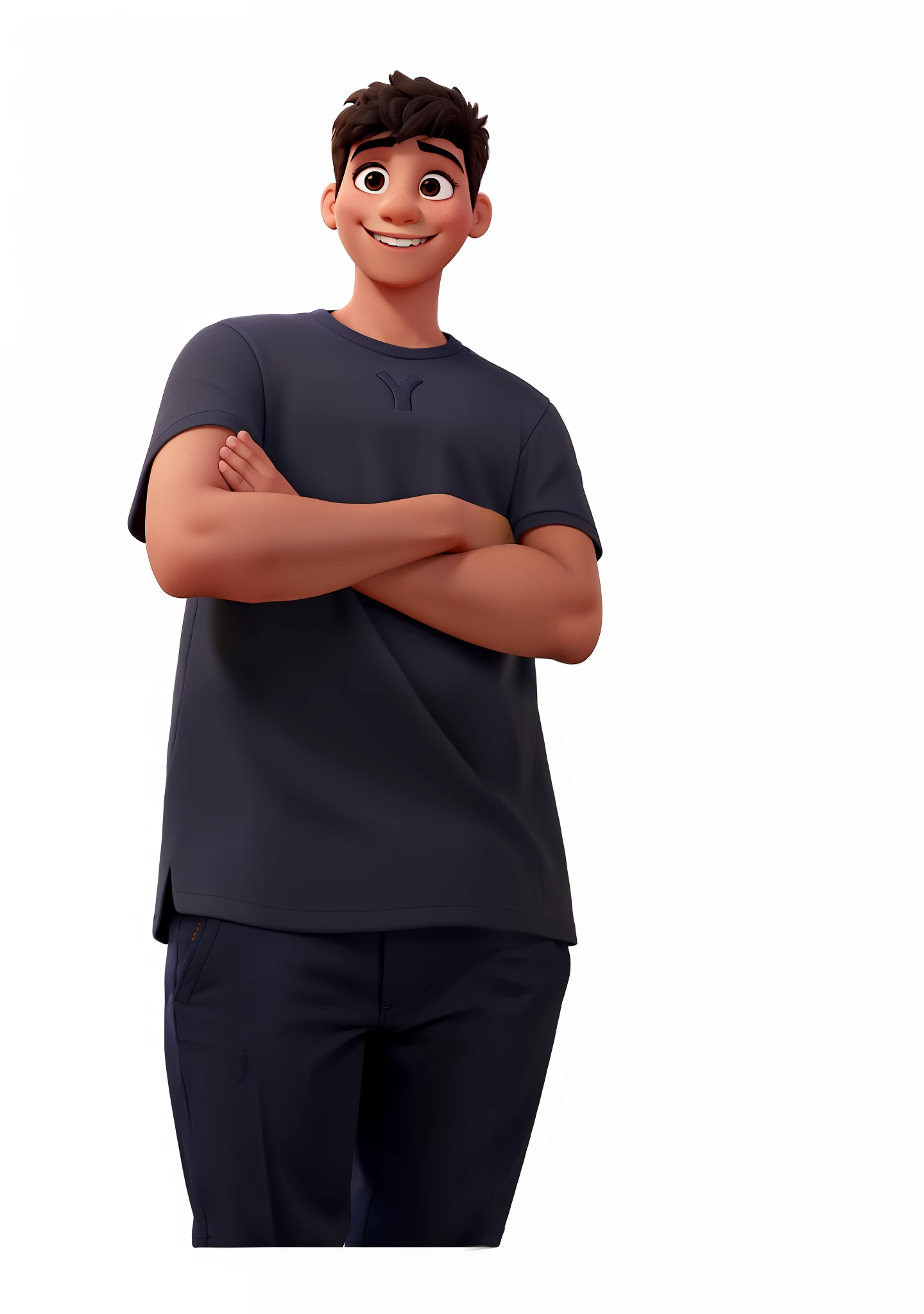 Um menino sorrindo com a camisa preta escrito, js ,no estilo Disney Pixar,alta qualidade,melhor qualidade