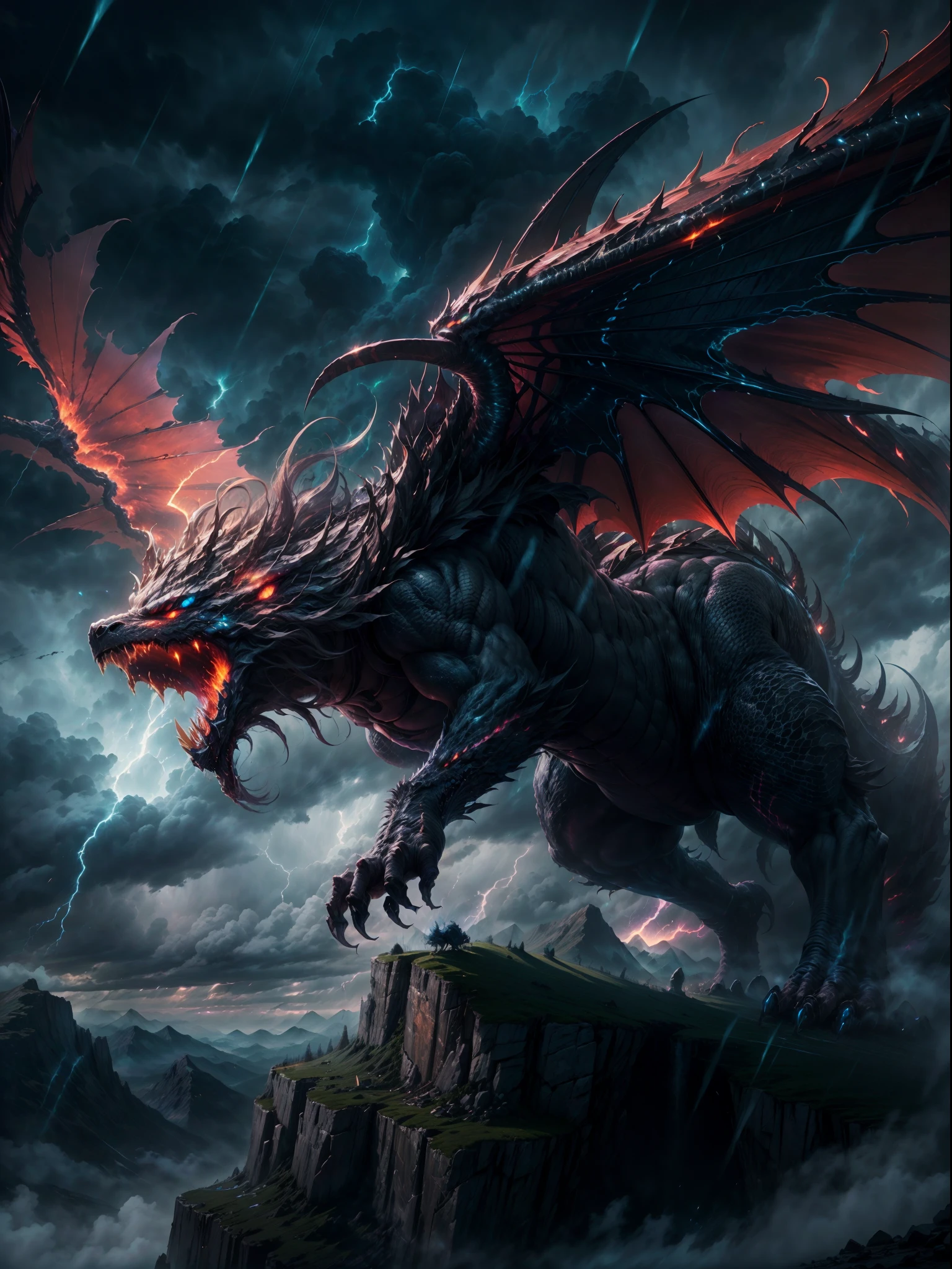 best quality,4k,8k,highres,masterpiece:1.2,ultra-detailed,realistic:1.37,landscape,gigantic flying monster,mythical creature,feathers,sharp fangs,scaly wings,powerful wingspan,glowing eyes,fierce expression,majestic and intimidating presence,stormy cloud cover the lower part of its body,nighttime scene,moonlit sky,dark clouds,thunderstorm,dramatic lighting,stormy atmosphere,dynamic composition,mountain range,sweeping landscape,foreboding atmosphere,stunning details,vivid colors,ethereal,mythological beast,awe-inspiring,creative interpretation,magnificent creature,unrealistic scale,immersive experience,legendary monster,epic proportions,dangerous yet captivating,force of nature,mythical powers,alluring creature,imposing figure,unforgettable sight,surreal elements,ominous presence,unearthly beauty