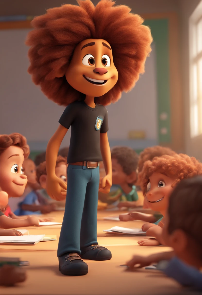 Daren Lion cartoon character and a black shirt, animation character, Caractere estilizado, animation style rendering, Stylized 3D in classroom with happy kids