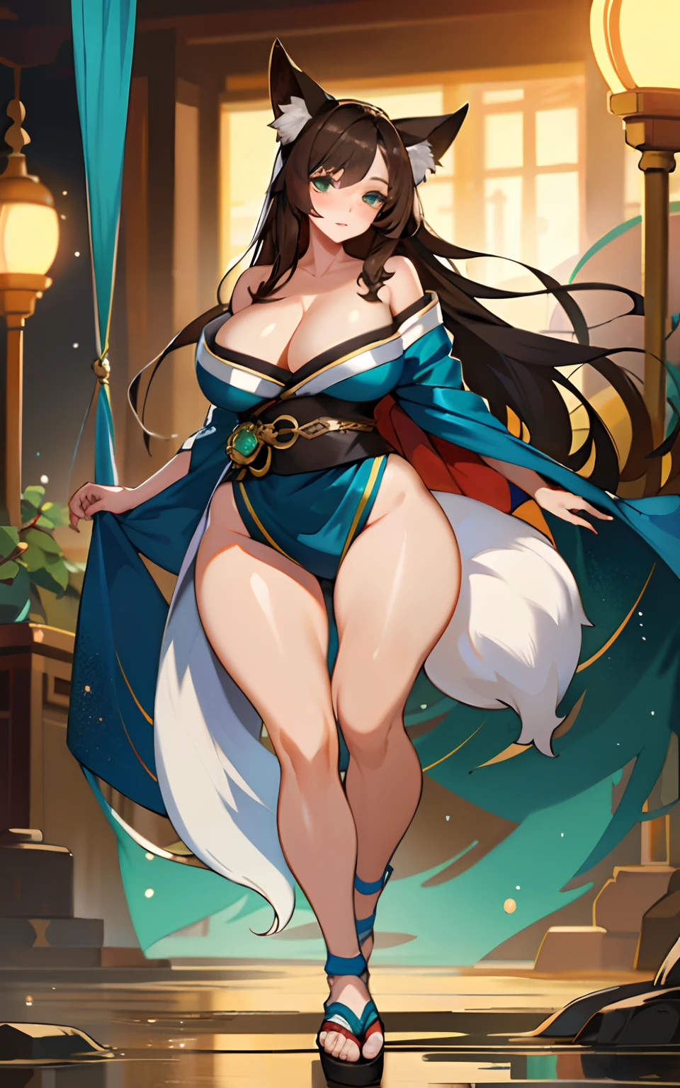 (Masterpiece: 1.5), (Best Quality: 1.5), Perfect Eyes, Perfect Face, Detailed Eyes, Volumetric Lighting, 1 Woman, Mature Woman, (Whiteness: 5), fox ears, fox tail, dark brown hair, green eyes, long hair, sexy, full body, kimono, wet skin, shiny skin, tight clothes, shiny clothes, oily skin, oily clothes, enormous breasts, cleavage, revealing clothes, thick thighs, wide hips, tall woman, bubbly ass,