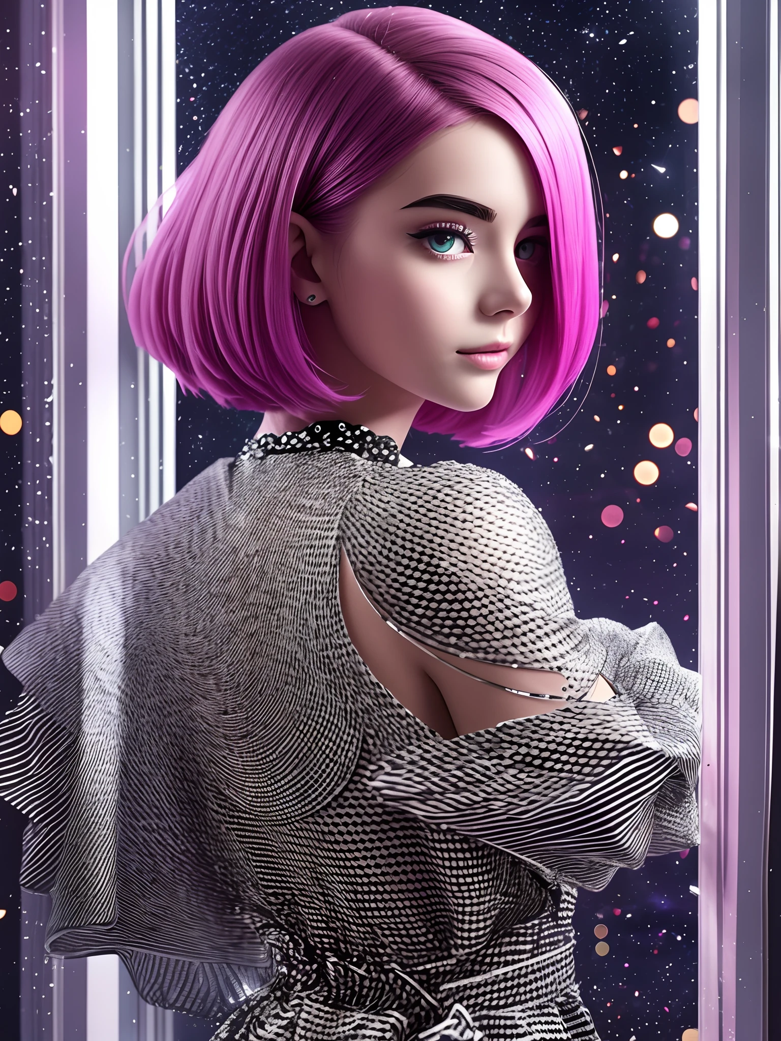 young woman Android magenta haircut in a black and white stripes patterned cocktail sparkle dress is standing with her back to the window. The dress is made of material with sequins.The window is large and has a geometric pattern on it. oblique angle photo. Blue hour. The background is dark and the window is the only source of light.The background white and black wall, trending illusion of 3D Labirinth with volumetric light design and out of focus --auto --s2