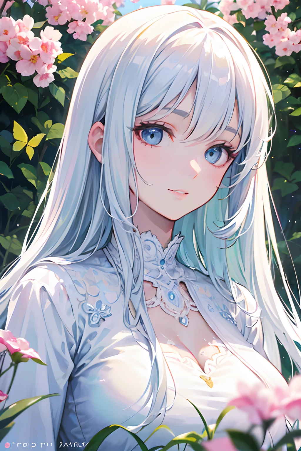 (Best Quality,4K,8K,hight resolution,masutepiece:1.2),Ultra-detailed,(Realistic,Photorealistic,Photorealsitic:1.37),long white hair,Flowing hair,Ethereal white hair,cascading hair,Beautiful detailed eyes,Beautiful detailed lips,Fair skin,Delicate facial features,(Anime,Character Illustration) Style,Vivid colors,Soft lighting,Gentle Pose,subtle smile,Stand in the garden,Flowering trees,Butterflies dancing around her,The breeze blowing through her hair,peaceful ambiance