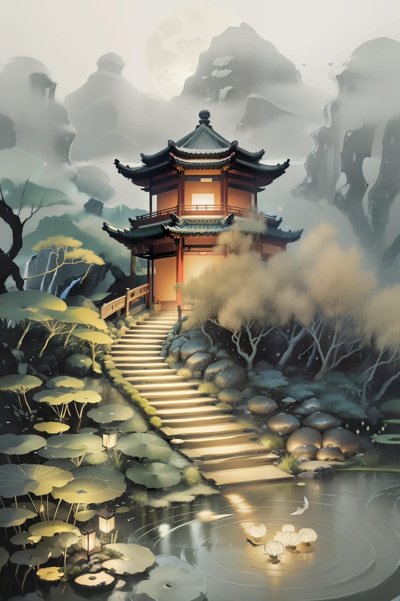 masterpiece,best quality,Chinese martial arts style,an asian night scene with lanterns and water lilies,asian pond with many lanterns and boatsa night scene with many lights and boats in the water, Lake surface, lotus flowers,beautiful night scene,(((Chinese martial arts style))), with vast sky, continuous mountains and steep cliffs, ink wash style, outline light, atmospheric atmosphere, depth of field, mist rising, bamboo, pine trees, octagonal stone pavilion, waterfall flowing water,big full moon,(No color) , Monochrome, light color,