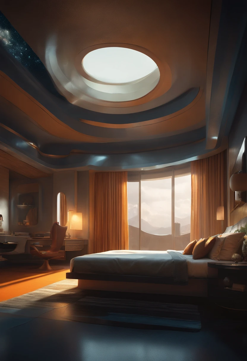 A gorgeous science fiction bedroom matte painting - fi by John Harris, Sparth e Greg Rutkowski. bordas afiadas, azul tiffany, cinza laranja, branco e dourado. sci - fi quarto em uma base espacial, Fora das janelas um horizonte da cidade do futuro, Efeito de Luz. ultra claro detalhado, 3D, octan render. 8 mil