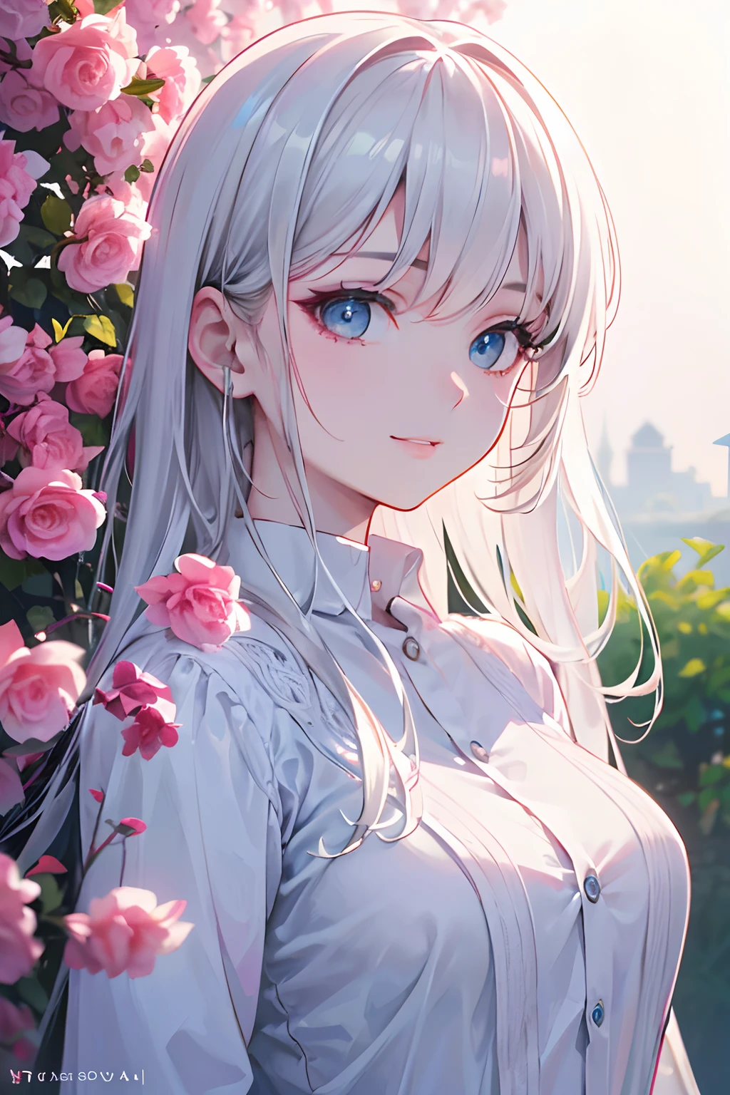 (Best Quality,4K,8K,hight resolution,masutepiece:1.2),Ultra-detailed,(Realistic,Photorealistic,Photorealsitic:1.37),long white hair,Flowing hair,Ethereal white hair,cascading hair,Beautiful detailed eyes,Beautiful detailed lips,Fair skin,Delicate facial features,(Anime,Character Illustration) Style,Vivid colors,Soft lighting,Gentle Pose,subtle smile,Stand in the garden,Flowering trees,Butterflies dancing around her,The breeze blowing through her hair,peaceful ambiance