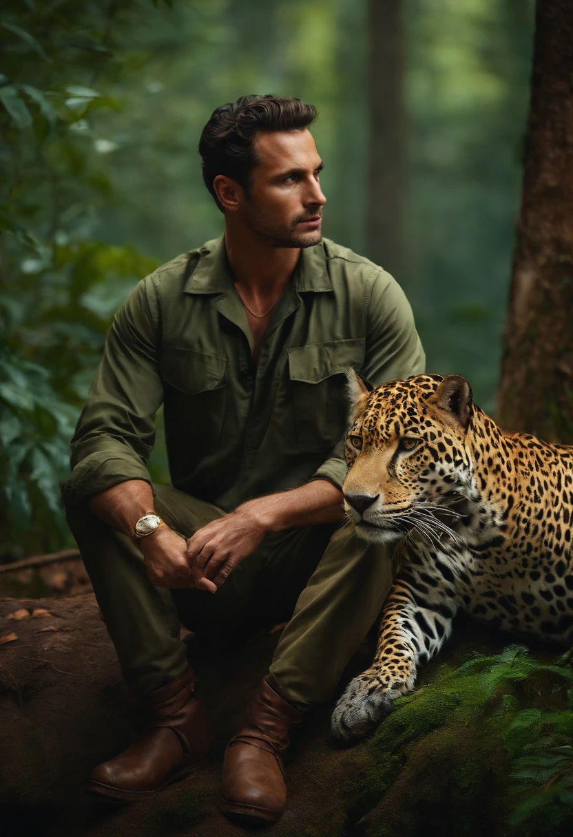 A man in his 30s in hunter's clothes talking to a jaguar in the forest, image with rich details