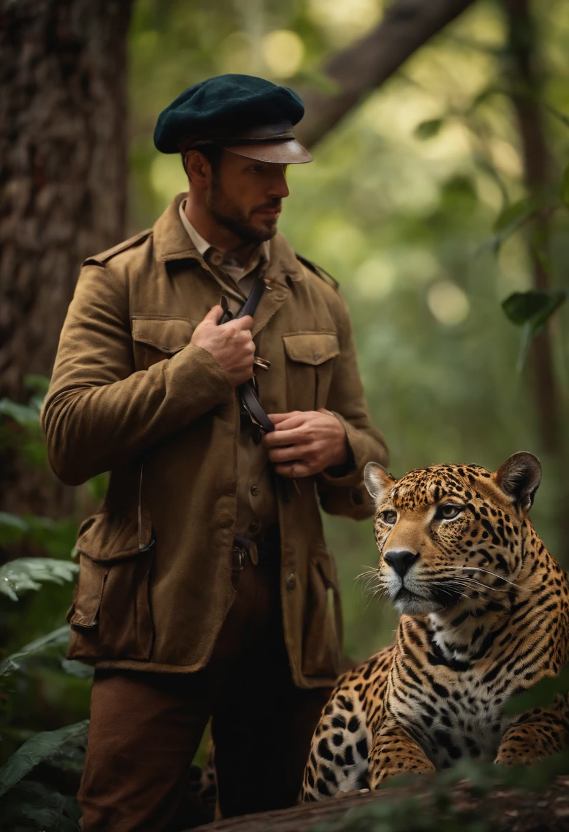 A man in his 30s in hunter's clothes talking to a jaguar in the forest, image with rich details