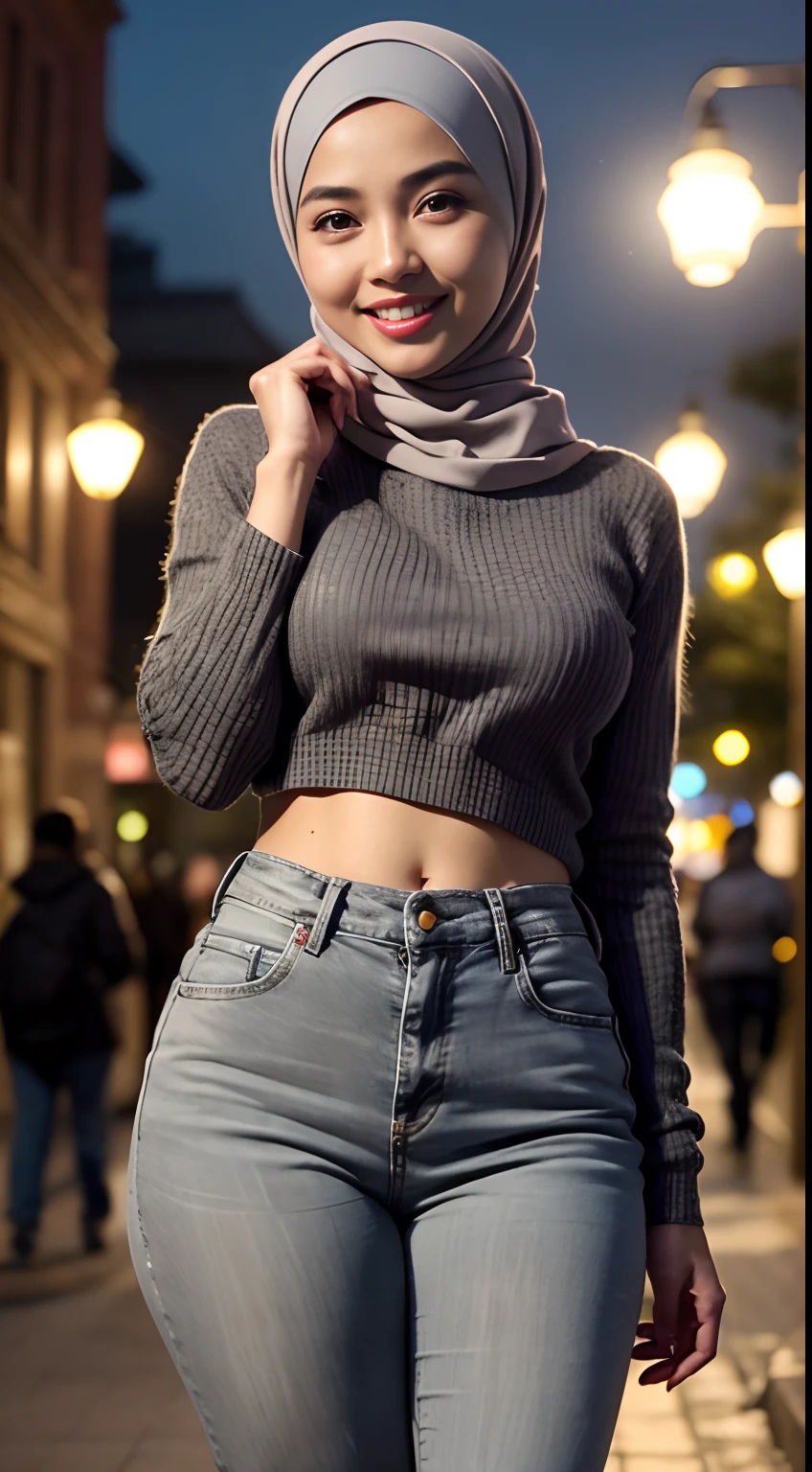 RAW, Best quality, high resolution, masterpiece: 1.3), beautiful Malay woman in hijab (iu:0.8),Best quality, high resolution, Masterpiece: 1.3, Beautiful  hijabi malay girl, Masterpiece, Soft smile, bright sunshine, hiking clothes, pullover, long pants, highres,4k,HDR,1girl, photorealistic, realistic,sweat skin, wet clothes, wet body, big breast, ((full body))soaked, dripping, smiling at viewer, closeup,Malay girl in hijab tight jeans, (long Gray sweater:1.2), wearing (long Taupe satin hijab), turtleneck, standing up, in park, beautiful scenery, slight blush, detail skin, detail skin texture, mole below eyes, big hip, big waist, big round ass, big thigh, slim abs, beautiful body, nighttime, laughing, happy, bright lighting, college student in background, crowded college, blur background, b