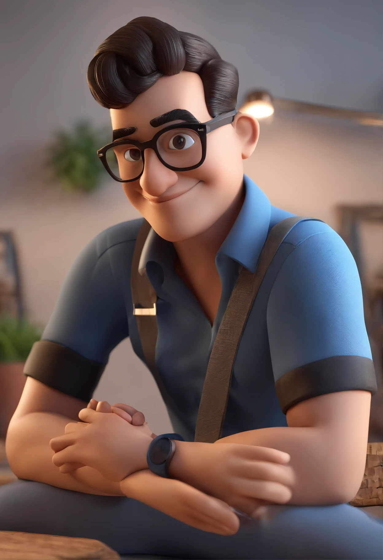 Cartoon character of a man wearing black glasses and a blue shirt, um personagem animado, Caractere estilizado, animation style rendering, 3D estilizado, Arnold Maya render, 3 d render stylized, toon render keyshot, Personagem 3D, Personagem 3D, 3d rendering stylized, 3 d character render, personagem de desenho animado, Personagem de close up, Pose de personagem, (Estilo Pixar) (master part:1.2) (Bokeh) (best quality) (pele detalhada) (textura detalhada) (8k) (argila) (Cinematic lighting) (foco nítido,Senta e vaza a parte superior do corpo
