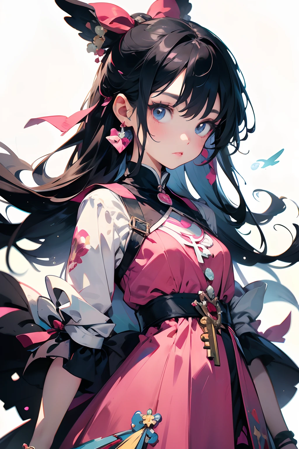 Anime girl wearing pink dress，There are ribbons and presents, small curvaceous loli, loli in dress, cute anime waifu in a nice dress, Splash art anime Loli, Loli, Kushatt Krenz Key Art Women, Guweiz in Pixiv ArtStation, trending on artstation pixiv, portrait of magical girl, Digital art on Pixiv