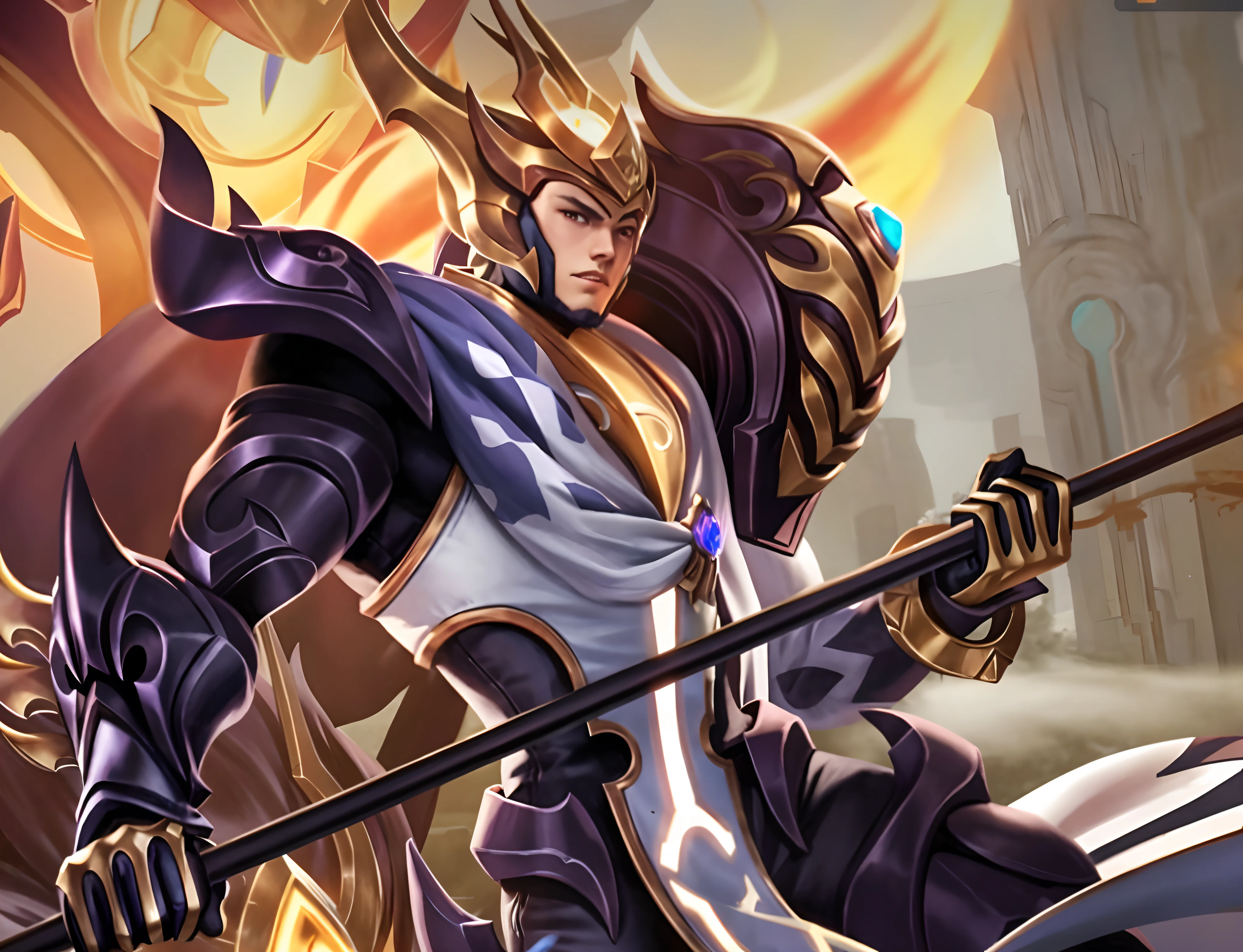 um close up de uma pessoa segurando uma espada e uma espada, paladino de ouro, inspirado por Huang Shen, Heise Jinyao, Zhongli, Impacto Genshin, Keqing por Impacto Genshin, legendary god holding spear, mobile legends, Splash Art Oficial, xianxia hero, Ne zha de smite |, Personagem Impacto Genshin, 8K FULL HD