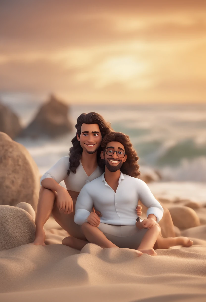 personagem dos desenhos animados de um casal comemorando o teste de gravidez positivo, She is black with long curly hair and he is white with long hair and beard black with prescription glasses they are on the beach with white clothes animation character, Caractere estilizado, animation style rendering, 3D estilizado, Arnold Maya render, 3 d render stylized, toon render keyshot, Personagem 3D, Personagem 3D, 3d rendering stylized, 3 d character render, personagem de desenho animado, Personagem de close up, Pose de personagem, (Estilo Pixar) (master part:1.2) (Bokeh) (best quality) (pele detalhada) (textura detalhada) (8k) (argila) (Cinematic lighting) (foco nítido