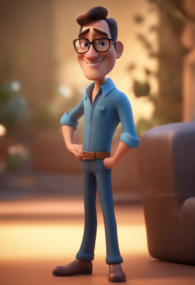 Cartoon character of a man with black glasses and a blue shirt, animation character, Caractere estilizado, animation style rendering, 3D estilizado, Arnold Maya render, 3 d render stylized, toon render keyshot, Personagem 3D, Personagem 3D, 3d rendering stylized, 3 d character render, personagem de desenho animado, Personagem de close up, Pose de personagem,  (Estilo Pixar) (master part:1.2) (Bokeh) (best quality) (pele detalhada) (textura detalhada) (8k) (argila) (Cinematic lighting) (foco nítido