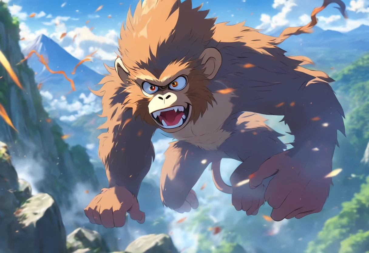 Ferocious monkey, Jump in., Mountain Background