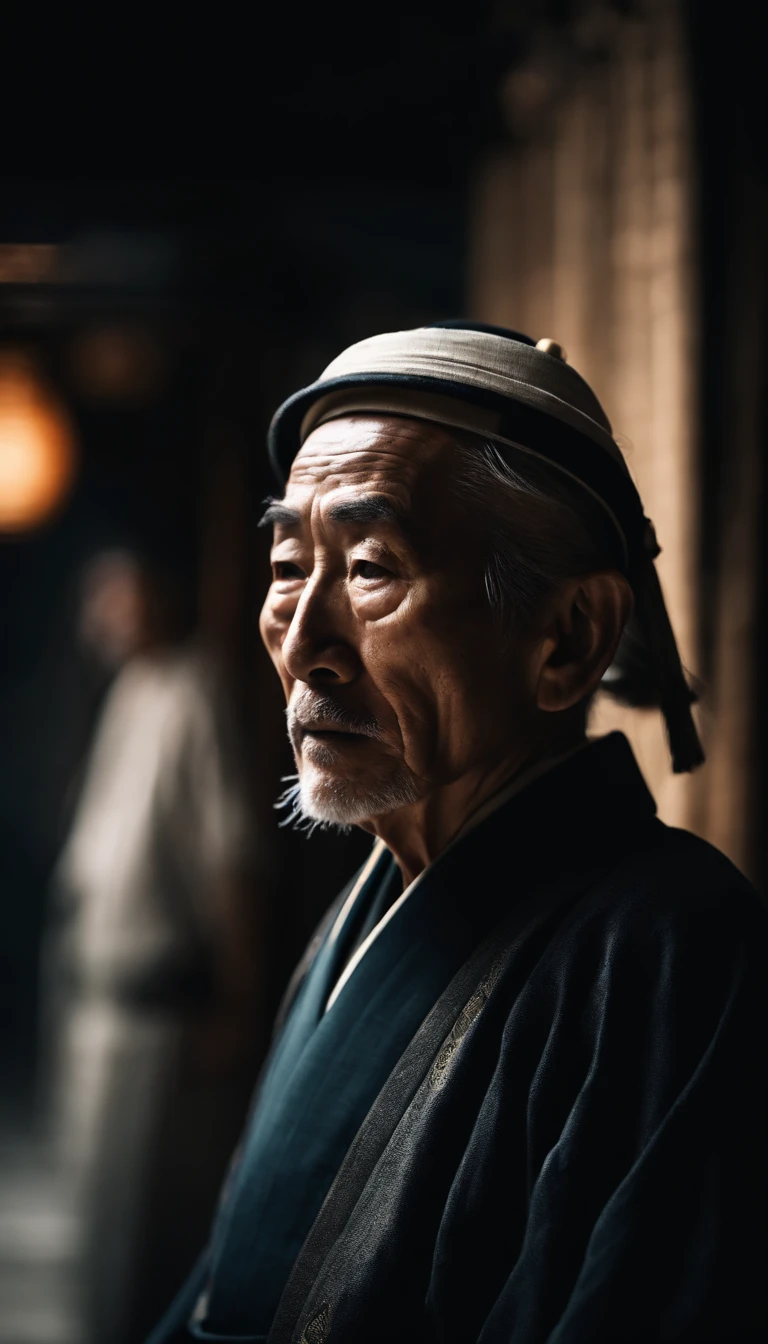 Old man in Japan、Master of the temple、Straight face、facing the front there、dark backgrounds