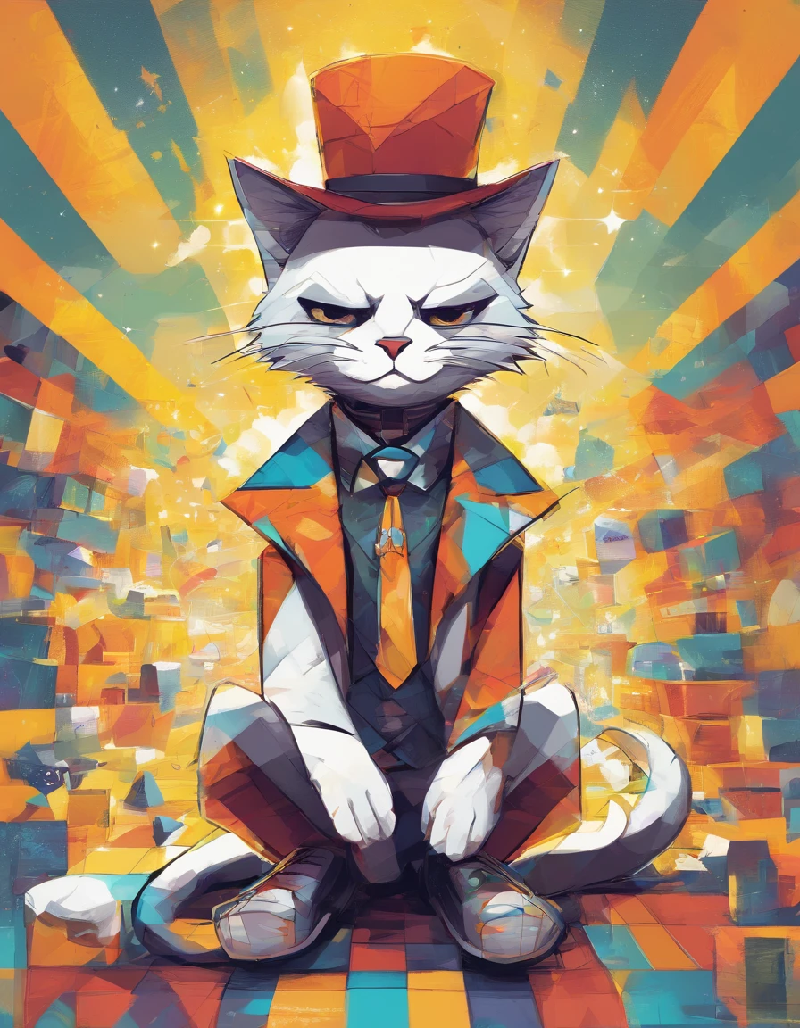( Um gato macho, adulto gordo da cor amarela ) wearing myopia glasses,(melhor pose),(best angle), (better expression), Eduardo Kobra acolchoamento ,multidimensional geometric wall PORTRAIT, arte, Chibi,Yang08k, lindo, Colouring,