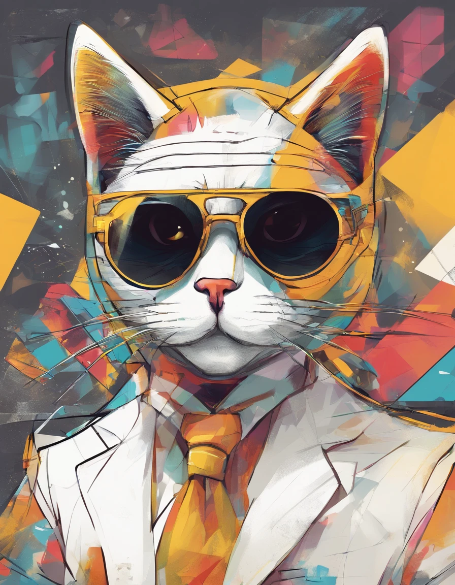 ( Um gato macho, adulto gordo da cor amarela ) wearing myopia glasses,(melhor pose),(best angle), (better expression), Eduardo Kobra acolchoamento ,multidimensional geometric wall PORTRAIT, arte, Chibi,Yang08k, lindo, Colouring,