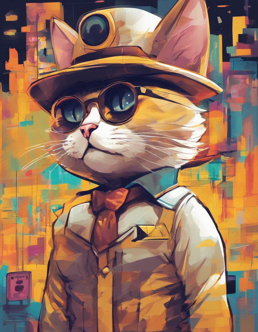 ( Um gato macho, adulto gordo da cor amarela ) wearing myopia glasses,(melhor pose),(best angle), (better expression), Eduardo Kobra acolchoamento ,multidimensional geometric wall PORTRAIT, arte, Chibi,Yang08k, lindo, Colouring,