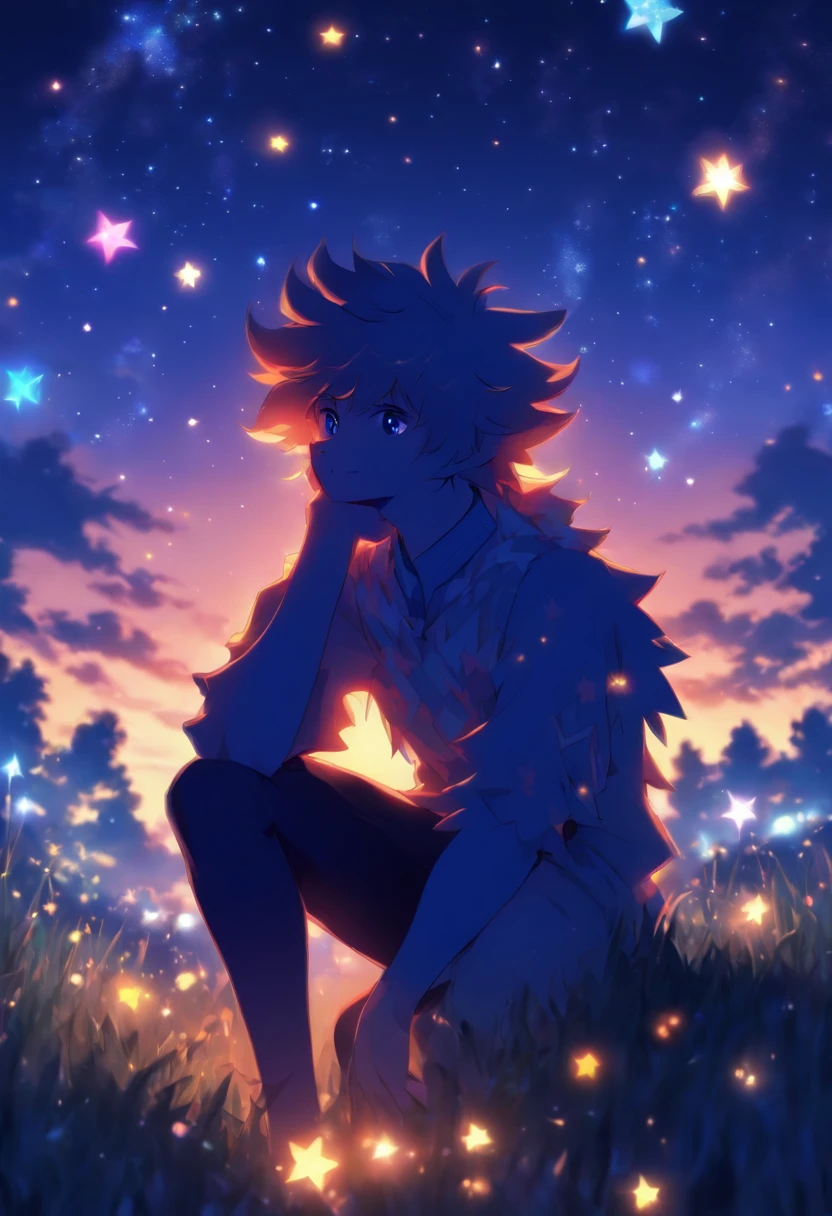 Anime boy sitting on grass looking at the stars, kaworu nagisa, offcial art, official fanart, official anime still, sitting in a field, cozy night fireflies, Official illustration, Star(sky) Starry_sky, watching the stars, zerochan art, glowworm!!, author:New Art, inspired by Tosa Mitsuoki,Blue male wolf