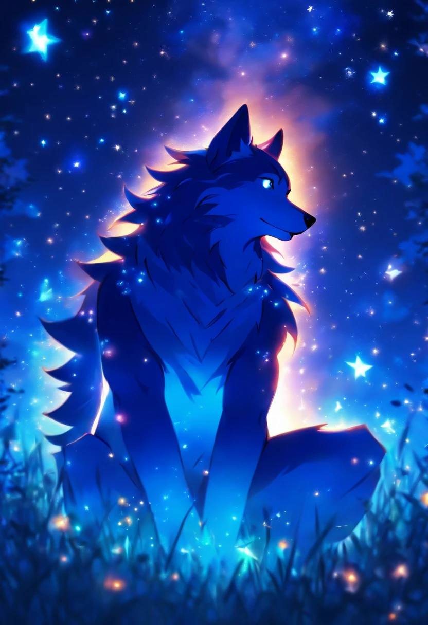 Anime boy sitting on grass looking at the stars, kaworu nagisa, offcial art, official fanart, official anime still, sitting in a field, cozy night fireflies, Official illustration, Star(sky) Starry_sky, watching the stars, zerochan art, glowworm!!, author：New Art, inspired by Tosa Mitsuoki，Blue male wolf