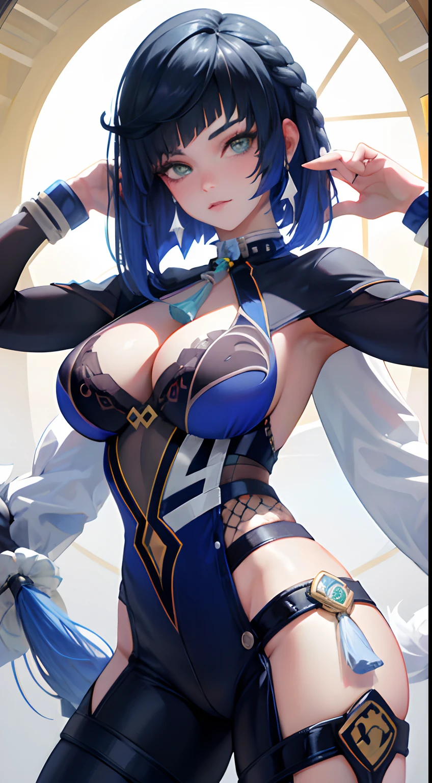Mujer en pose a horcajadas, (1 hembra adulta, solamente:1.1), Dibuja solo una mujer, Estilo de Masamune Shirow, ojos hermosos, Dibuja ojos detallados, Detailed hair representation, teta grande, Colillas grandes, HiQuality, high resolusion, Ultra-detallado, Calidad de imagen de alto nivel, Alta calidad, en 8K, La piel es brillante, centro, Estructura precisa del cuerpo humano, science background, y dibuja el cuerpo completo, Traje negro, colores vibrantes, Arte del esmalte, Disfraz sexy, Disfraz puro, Exponer los pies, Exponer los brazos, Hechicero