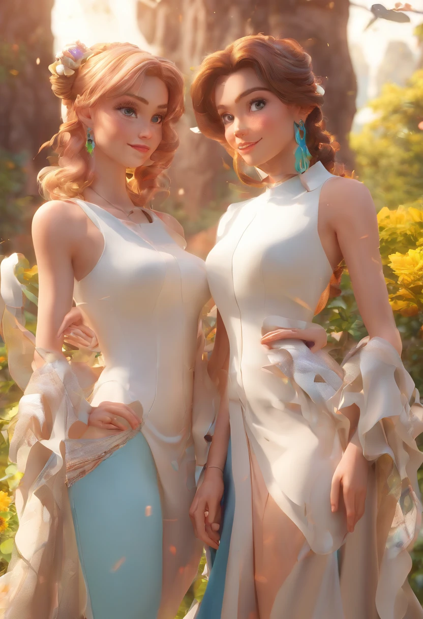master part, best quality, Two young women, Embraced, cabelos lisos longos, Olhando para o Viewer, corar, sorrir, negative space, (Bio-luminescence:1.2), darkeness, fundo escuro, vestir, bareshoulders, medium breasts, cabelos longos, Mangas compridas, sorrindo, agasalho branco, circlet, foto estilo Disney Pixar