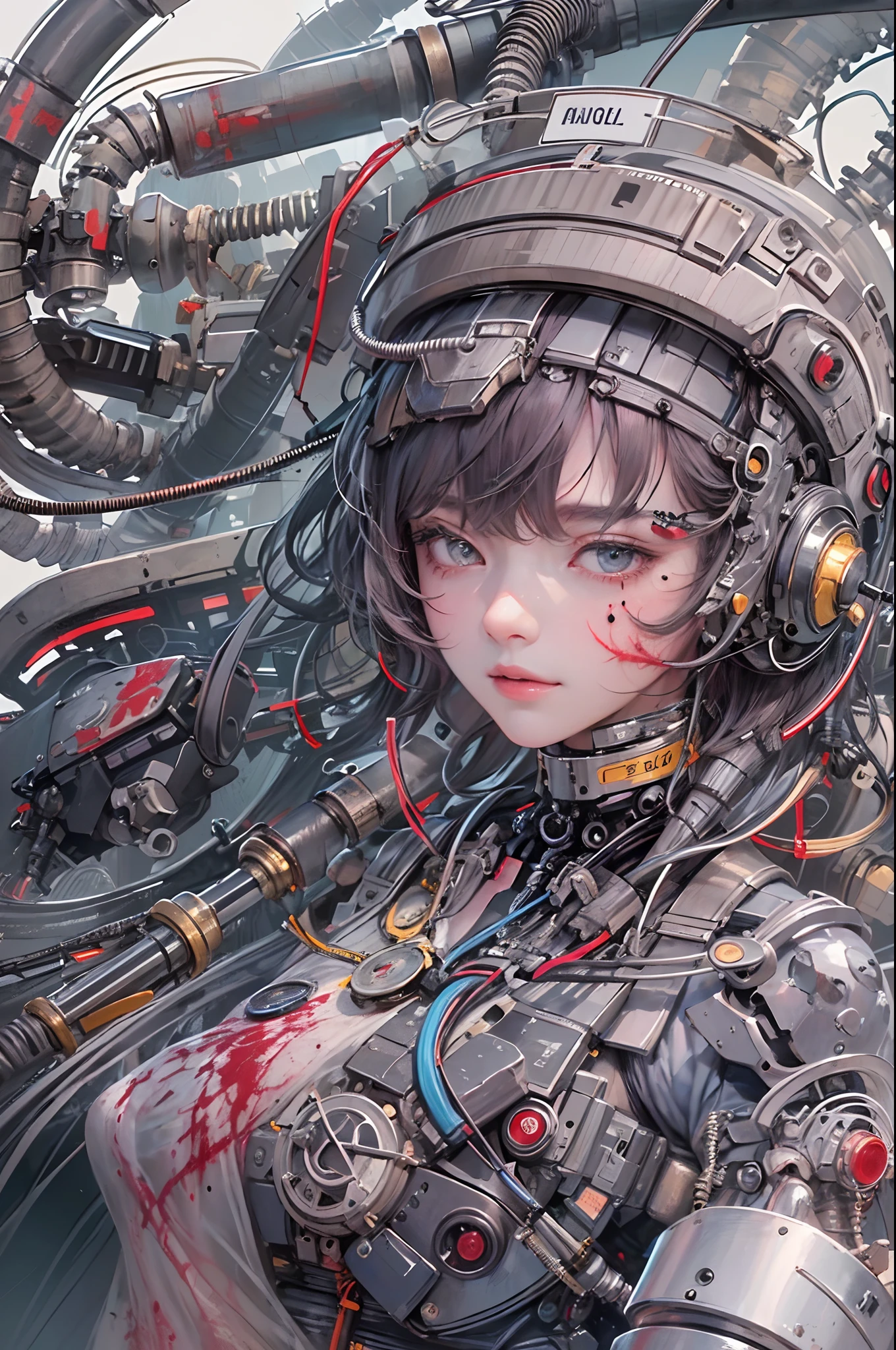 (((masterpiece)))、(((top-quality)))、((ultra-definition))、(High Definition CG Illustration)、((extremely delicate and beautiful))、ciinematic light、((1 Mechanical Girl) )、独奏、(Cowboy Shots: 1.2)、(Mechanical joint: 1.2)、((Mechanical limbs))、(blood vessels connected to tubes)、(Mechanical vertebrae attached to the back)、((Mechanical cervical vertebrae attached to neck) )、deadpan、(Wires and cables attached to the neck:1.2)、(Head wires and cables:1.2)、(charactor focus)、nffsw、ighly detailed、colourfull、best detailed、long、the wind、Background with、(Complex tattoo on the abdomen:1.3)