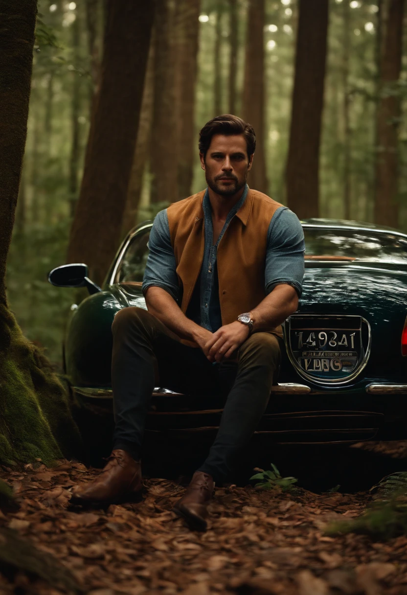 Homem de 30 anos, with clothes in the middle of the forestSitting with hands on a jaguar