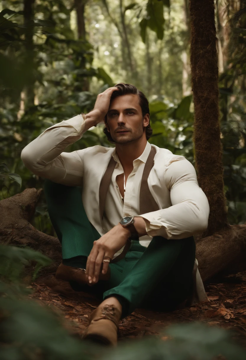 Homem de 30 anos, with clothes in the middle of the forestSitting with hands on a jaguar