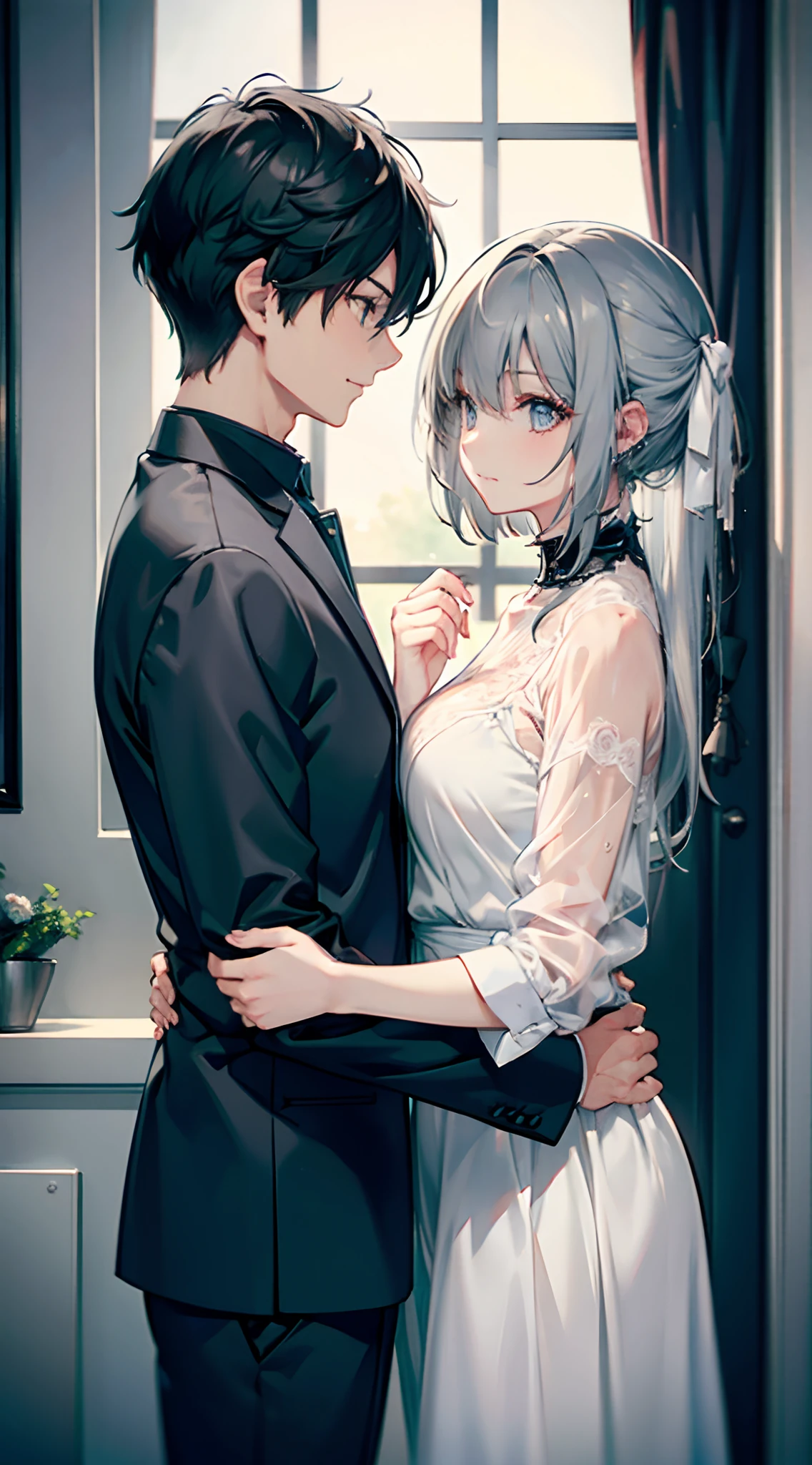 "um casal jovem apaixonado, com um menino charmoso de 15 anos, cabelos pretos e olhos vermelhos, Dancing with a charming 15-year-old girl, com cabelos brancos e olhos azuis, both dressed elegantly in a romantic setting."