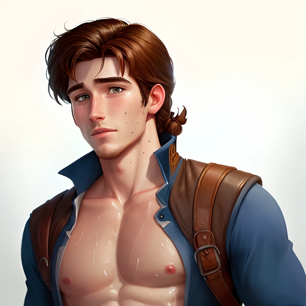 Draw me a picture of Flynn Rider from "Tangled" with Shirtless and he's very sweaty