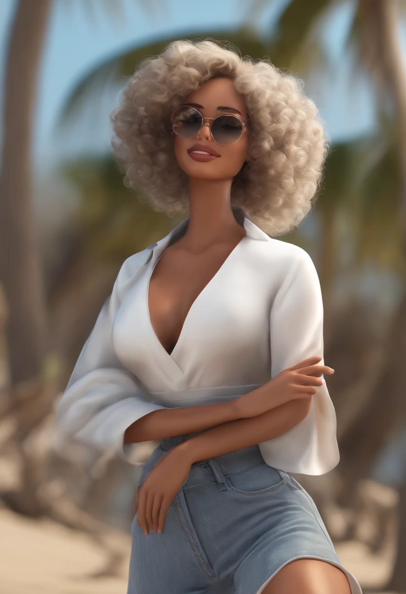 personagem dos desenhos animados de um casal comemorando o teste de gravidez positivo, She is black with long curly hair and he is white with short black hair and a black beard with prescription glasses, They are on the beach with white clothes Animation character, Caractere estilizado, animation style rendering, 3D estilizado, Arnold Maya render, 3 d render stylized, toon render keyshot, Personagem 3D, Personagem 3D, 3d rendering stylized, 3 d character render, personagem de desenho animado, Personagem de close up, Pose de personagem, (Estilo Pixar) (master part:1.2) (Bokeh) (best quality) (pele detalhada) (textura detalhada) (8k) (argila) (Cinematic lighting) (foco nítido
