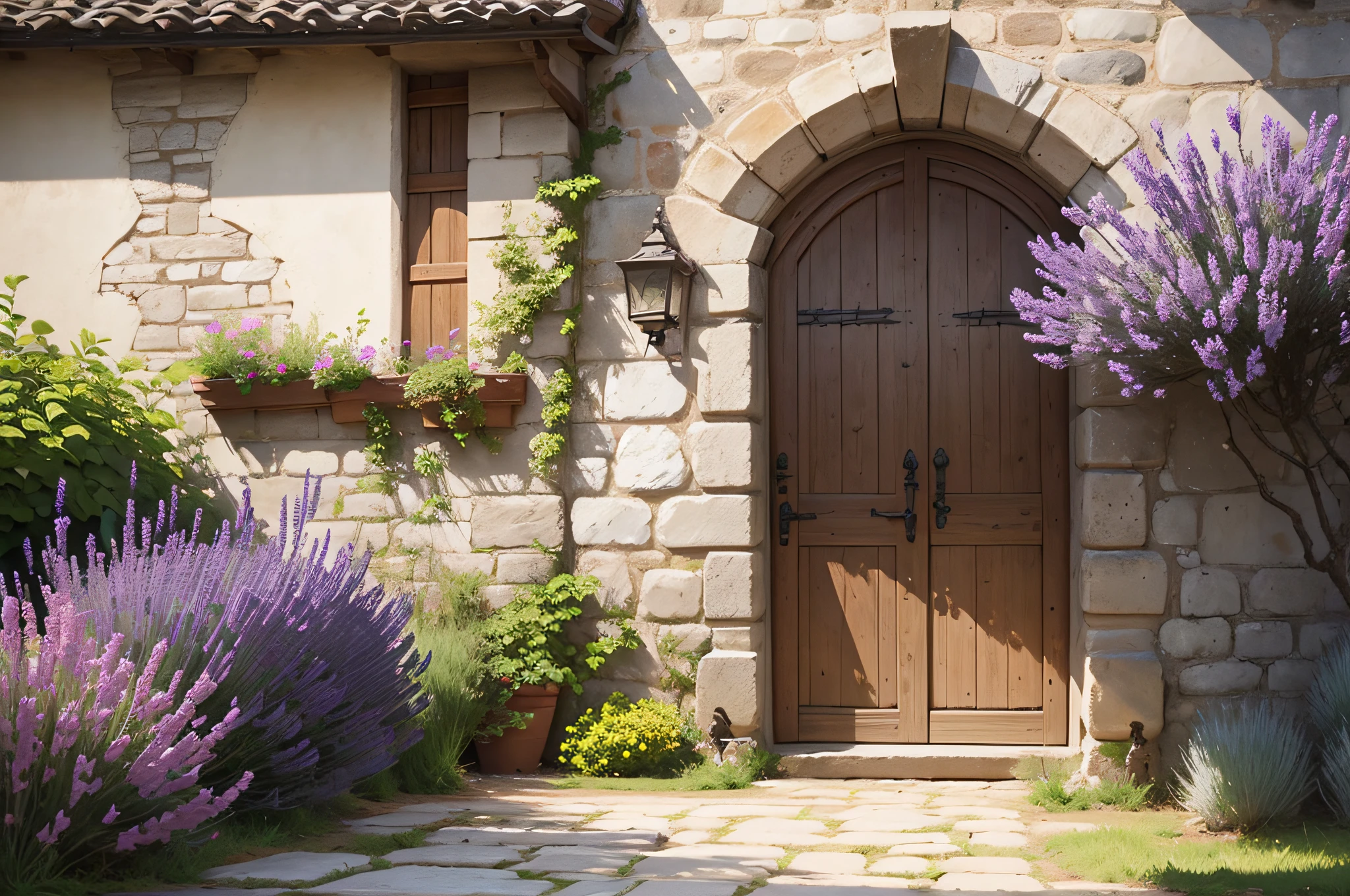Large medieval wall with a worn wooden door opening onto a lavender-lined path. une grande tour ronde au bout du chemin.