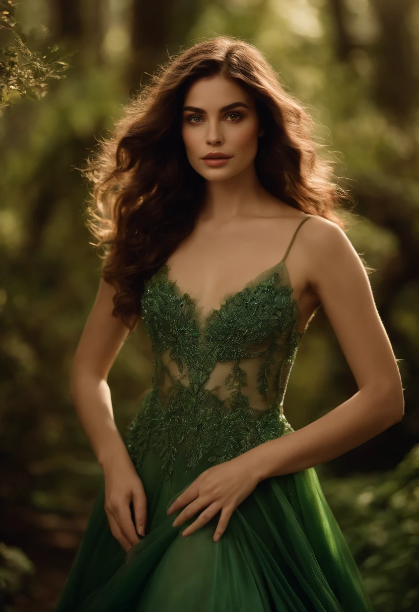 An ethereal female figure with delicateness, asas luminescentes, cercado por brilho, magical creatures in an enchanted forest Spreading of subsurface skin, pele brilhante, vestido iridescente, Antecedentes detalhados, ([Elizabete Olsen|Anne Hathaway|Selena Gomez]:0.8), cara redonda bonito, olhos verdes, Close-up, Amazing fine detail, Nikon D850 film stock photograph Kodak Portra 400 camera f1.6 lentes, cores ricas, textura realista, dramatic lighting, Motor irreal, trending on ArtStation, cinestill 800 tungsten