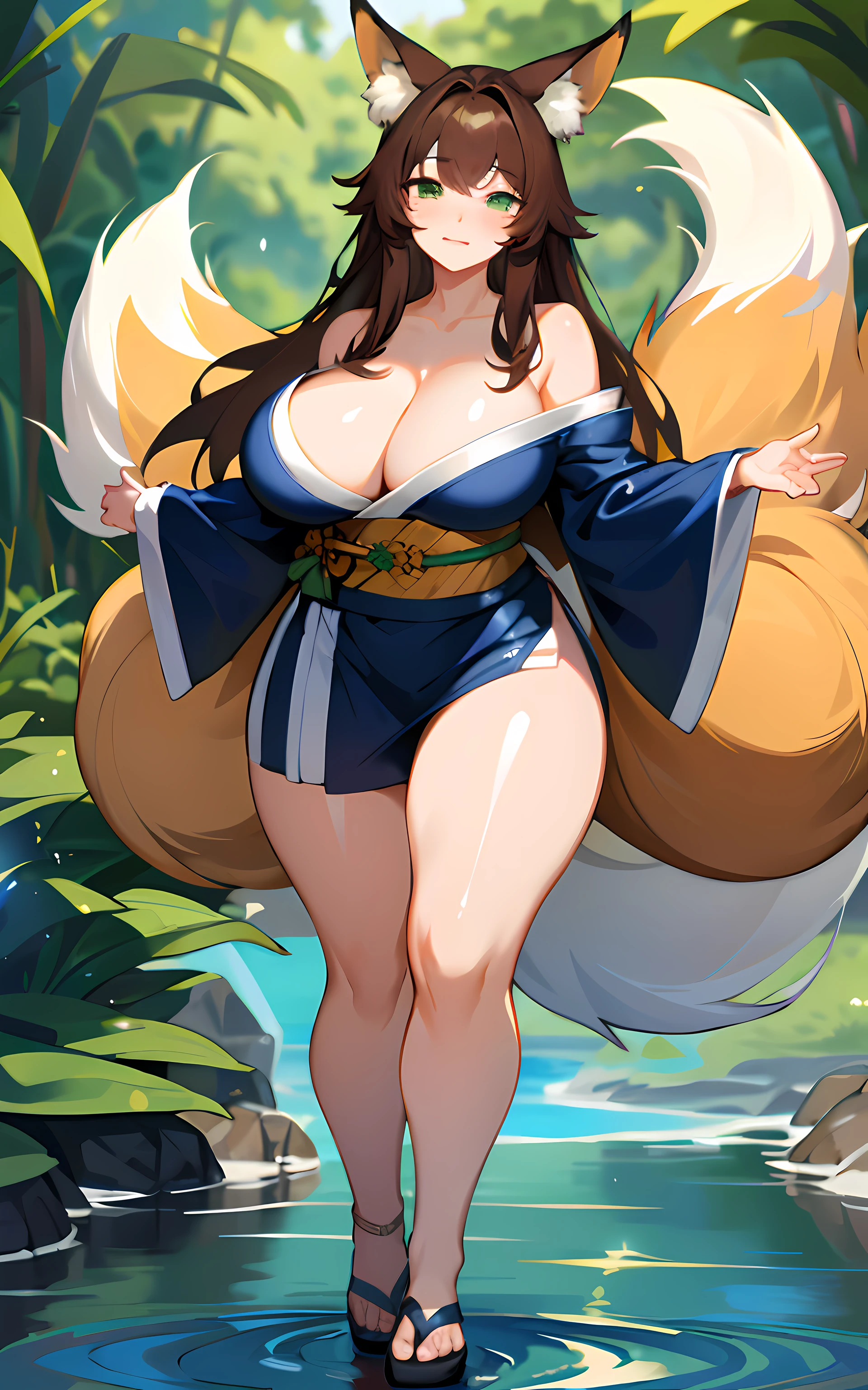 (Masterpiece: 1.5), (Best Quality: 1.5), Perfect Eyes, Perfect Face, Detailed Eyes, Volumetric Lighting, 1 Woman, Mature Woman, (Whiteness: 5), fox ears, fox tail, dark brown hair, green eyes, long hair, sexy, full body, kimono, wet skin, shiny skin, tight clothes, shiny clothes, oily skin, oily clothes, enormous breasts, cleavage, revealing clothes, thick thighs, wide hips, tall woman, bubbly ass,