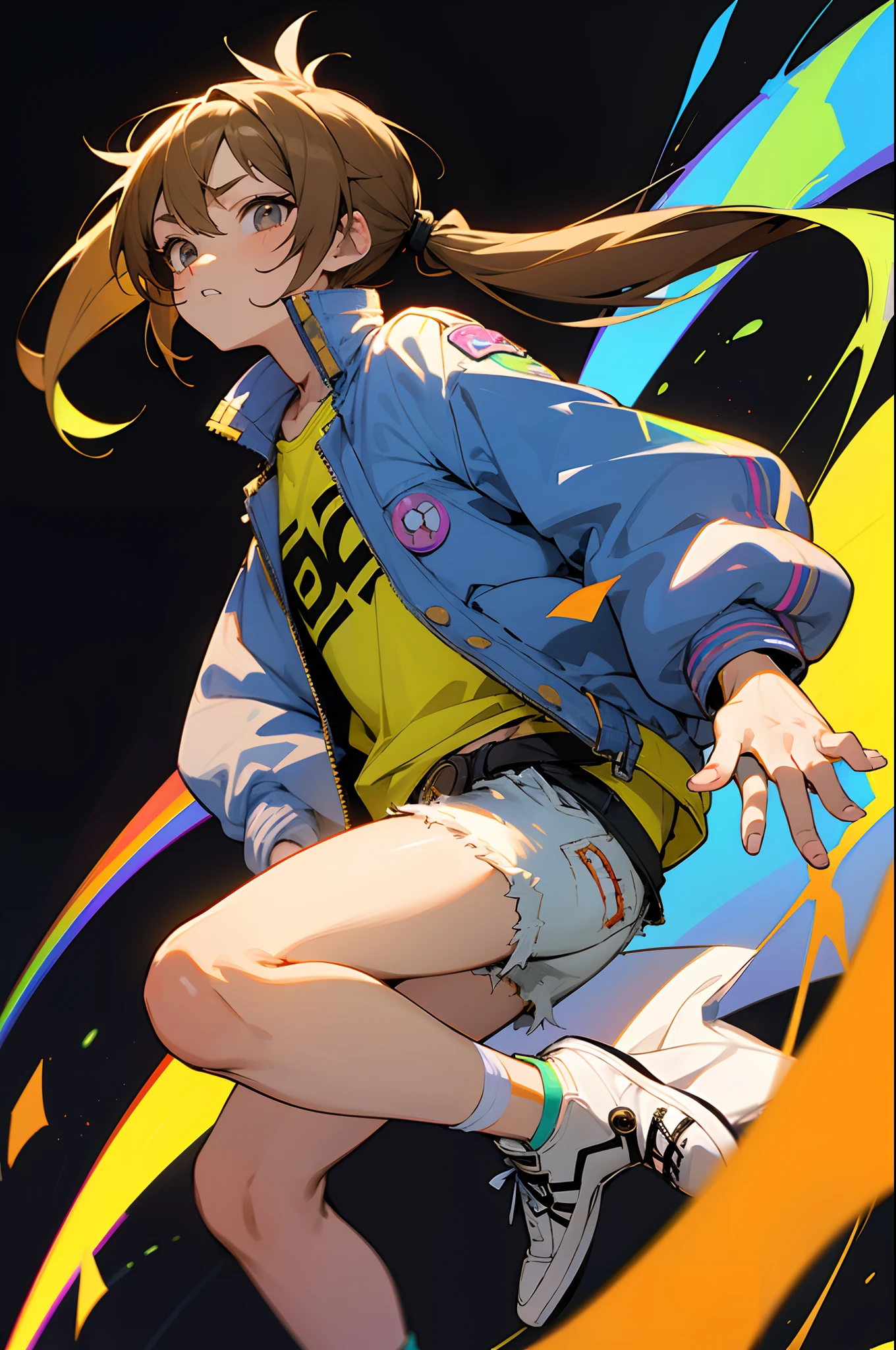 Manga, Drawing, Grey eyes, short light brown hair, Blind, Hyuga, black background, Pigtails,colorful,rainbow aura, jean shorts,Punk Rock,loose white uniform jacket with sleeves that stop at his forearms. He also wears slender blue jeans that tuck into white sneakers that match his jacket.,Female,put hands in pocket