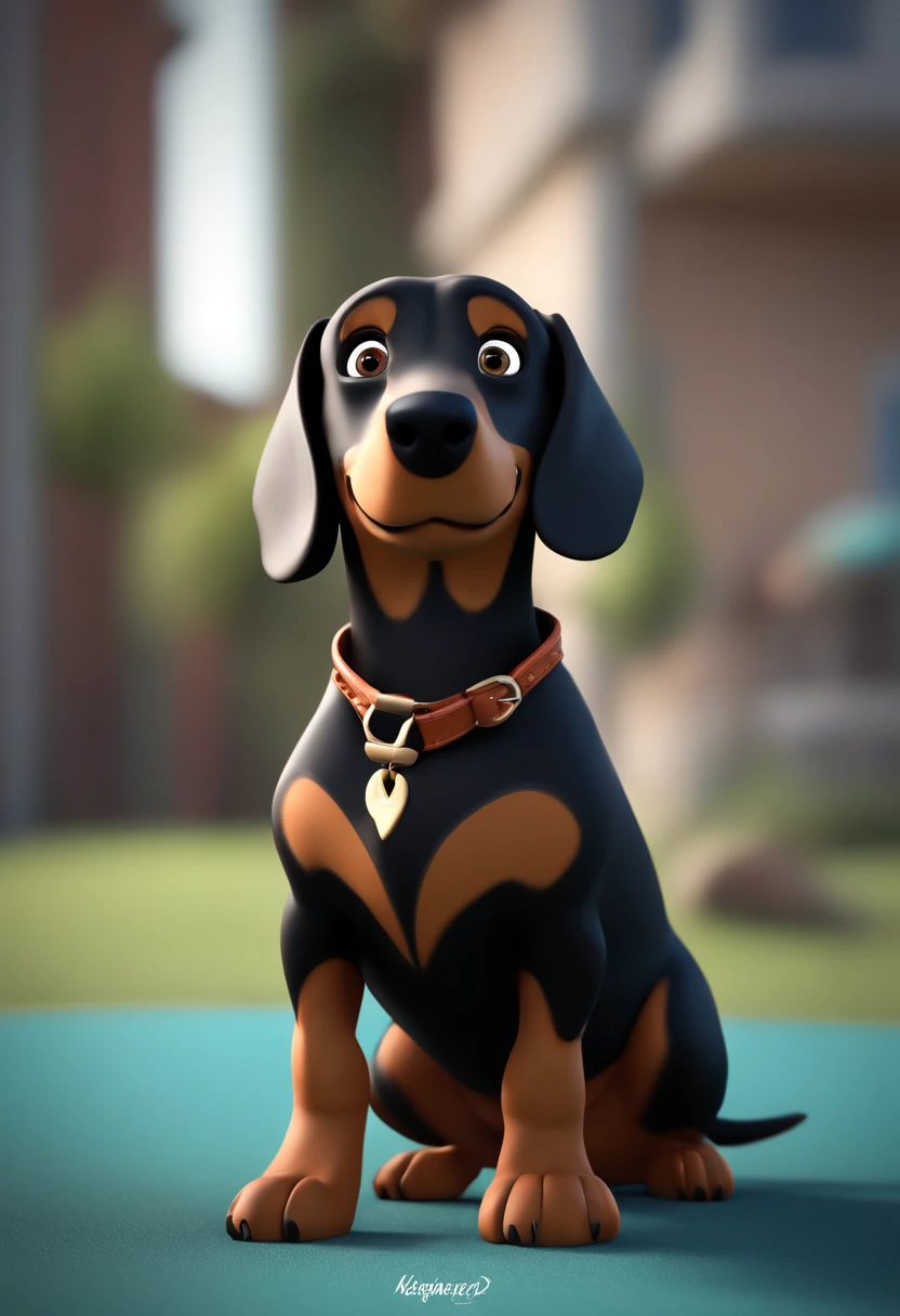 personagem dos desenhos animados, A black-coated Daschund breed dog with brown accents and a large white patch on the chest, animation character, Caractere estilizado, animation style rendering, 3D estilizado,, 3 d render stylized, toon render keyshot, Personagem 3D, Personagem 3D, 3d rendering stylized, 3 d character render, personagem de desenho animado, Personagem de close up, Pose de personagem, (Estilo Pixar)