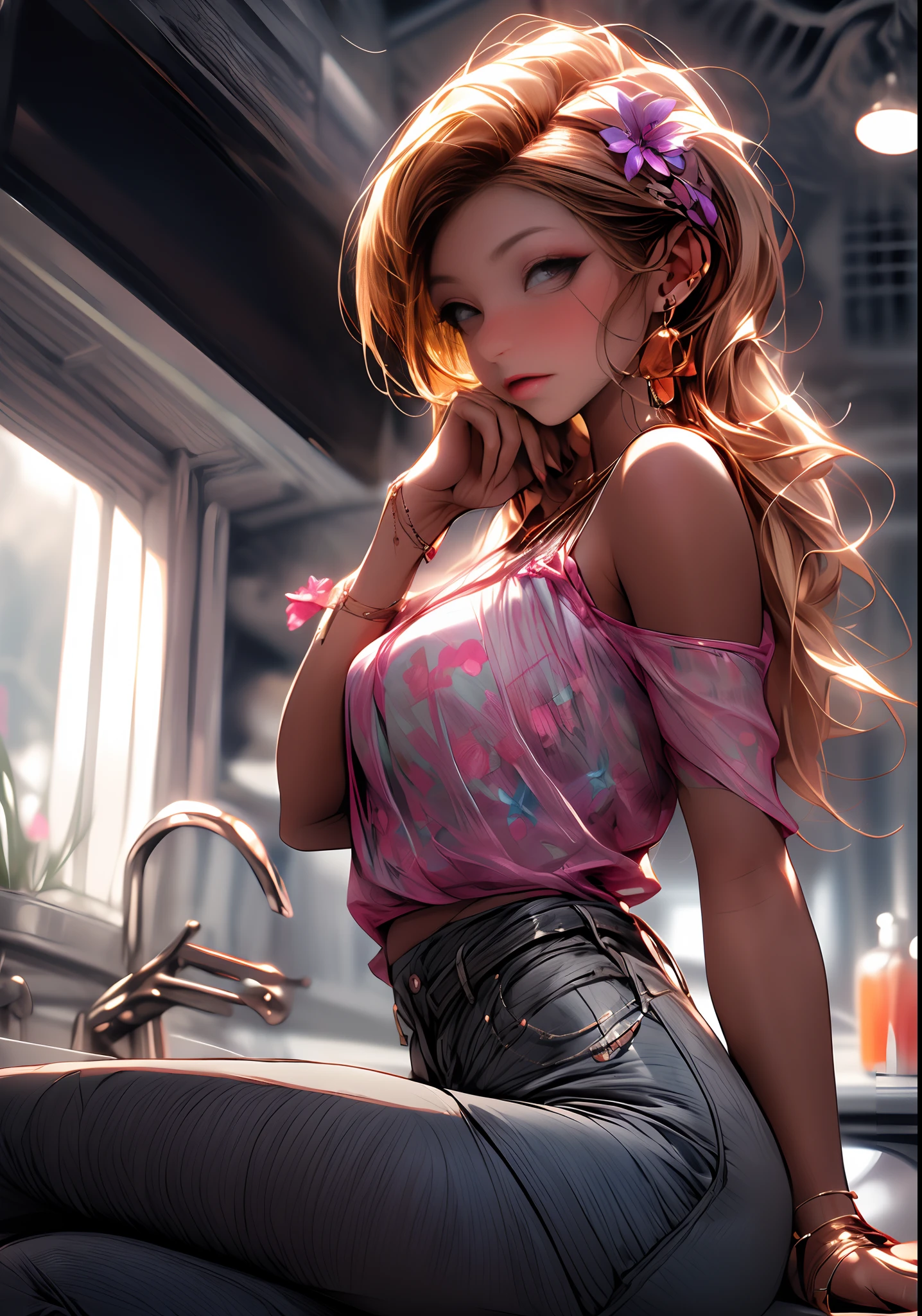 (Best quality,masterpiece:1.2),absurd,1 girl,open legs,two tails,smile,((Hand in panties)),Detailed eyes,Detailed lips,illustration,realistic,soft lighting,bright colors,hips,playful,mischievous,Erotic,provocative,fairy,sexy pose,sensual,Pink tones,creative composition,(shirt without bra),(little enemies)