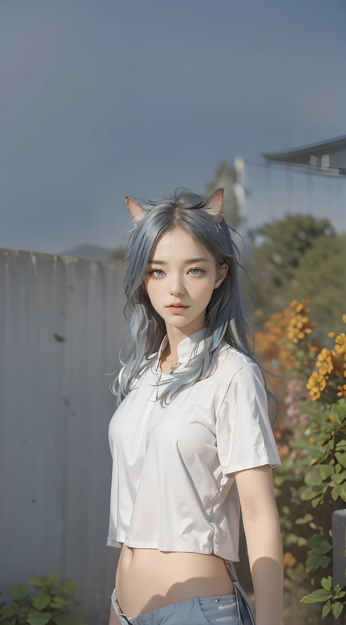 (nsfw),1girl, ( white t-shirts school  ), bare shoulders, bare arms, (fishnets), (gigantic breasts), (cleavage), upper body, rabbit ears, standing, (masterpiece, high quality, best quality), (colorful),(delicate eyes and face), volumatic light, ray tracing, bust shot ,extremely detailed CG unity 8k wallpaper,solo((flying petal)),(Flowery meadow) sky, blue sky, sunny, light, fantasy, windy, magic sparks, outdoors,((church)), flowers, eyes blue hd , long hair hd, hair ash blue hd, perfect boobs, boobs hd, mommy sexy hd, black ears cat, perfect body,official art, unity 8k wallpaper, ultra detailed, beautiful and aesthetic, masterpiece, best quality,  (close up, face focus:1.2), (zentangle, mandala, tangle, entangle), (fractal art:1.3) , 1girl, extremely detailed,  dynamic angle, the most beautiful form of chaos, elegant, a brutalist designed, vivid colours, romanticism, by james jean, roby dwi antono, ross tran, francis bacon, michal mraz, adrian ghenie, petra cortright, gerhard richter, takato yamamoto, ashley wood, atmospheric, ecstasy of musical notes, streaming musical notes visible,