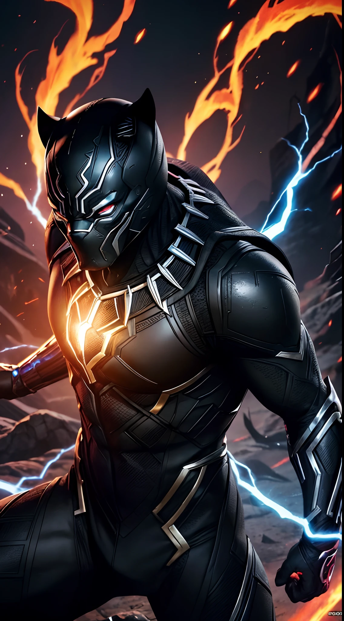 Black Panther God with handsome face, 1 character composition and beautiful scenery, depth of field, glowing red eyes, transformation state mode, extreme instinct, epic anime about energy people, fire , lava, epic anime artwork, concept art Black Panther universe concept, 8k manga wallpaper, detailed anime digital art, advanced digital anime art, artwork detailed anime, 8k anime