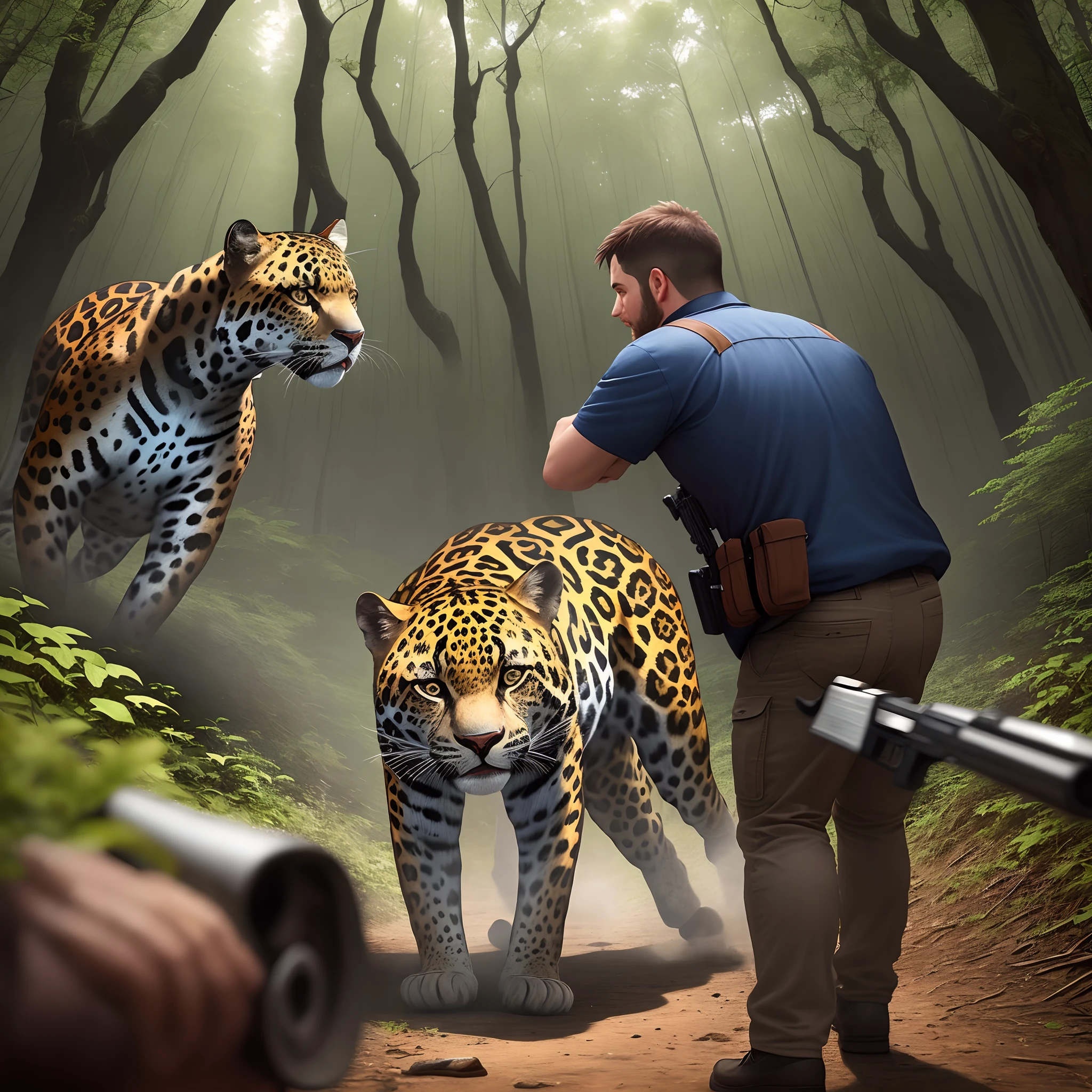 Create a quality image of a 30-year-old man hunting with a gun in his hand and a jaguar about to attack him in the forest