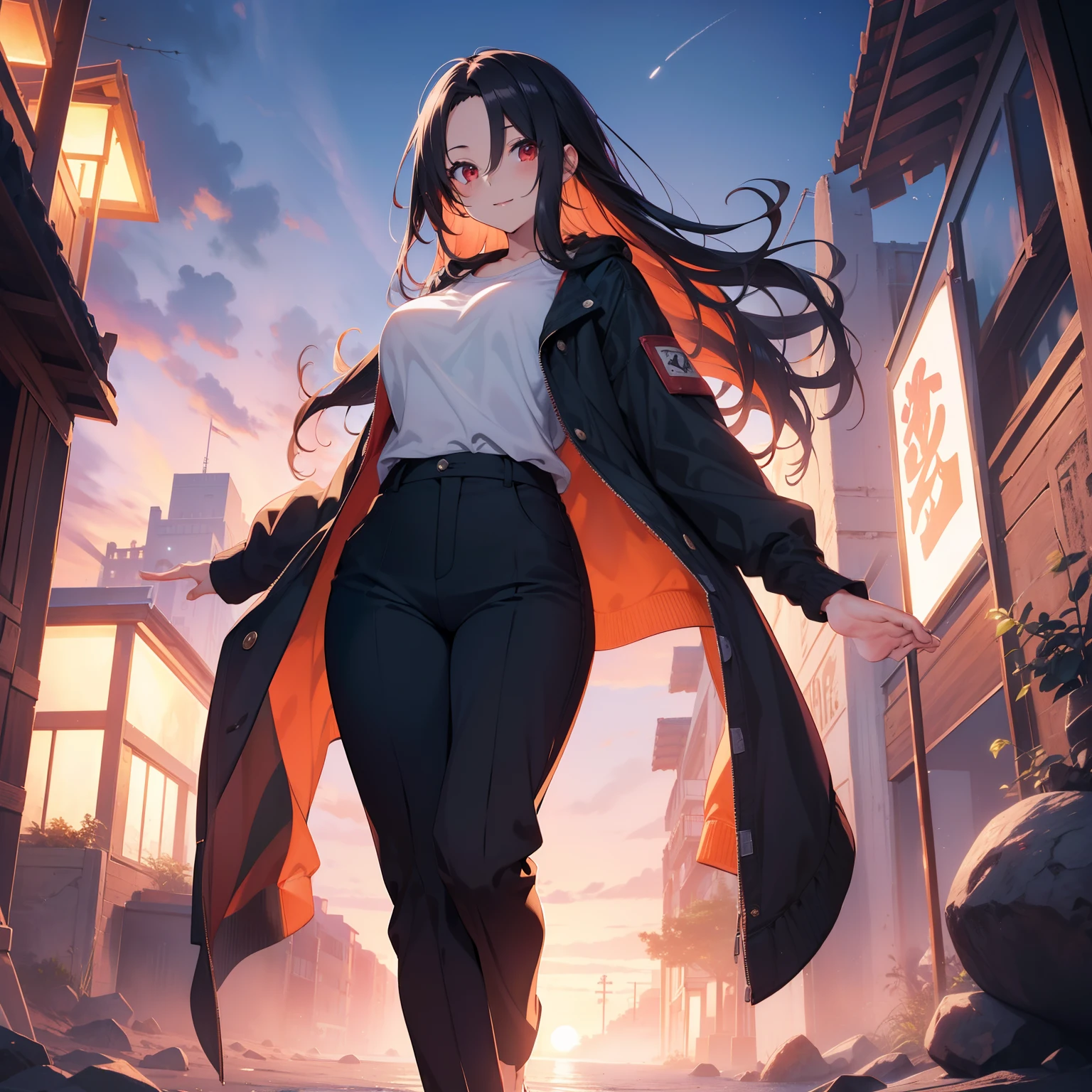 (masutepiece,Best Quality,8K),(extremely detailed CG1.1),1 girl,Smile,large boob,Romantic moonlit beach,(From below:1.2),Summer light,Intricate details , Hyper realistic, Perfect Anatomy,A dark-haired,Red Eyes,(((Forehead))),Permed hair with wavy hair,(((length hair))),Hair over one eye,hair slicked back,blouson,(((Standing))),Full body,Black Loose Pants,espadrilles,