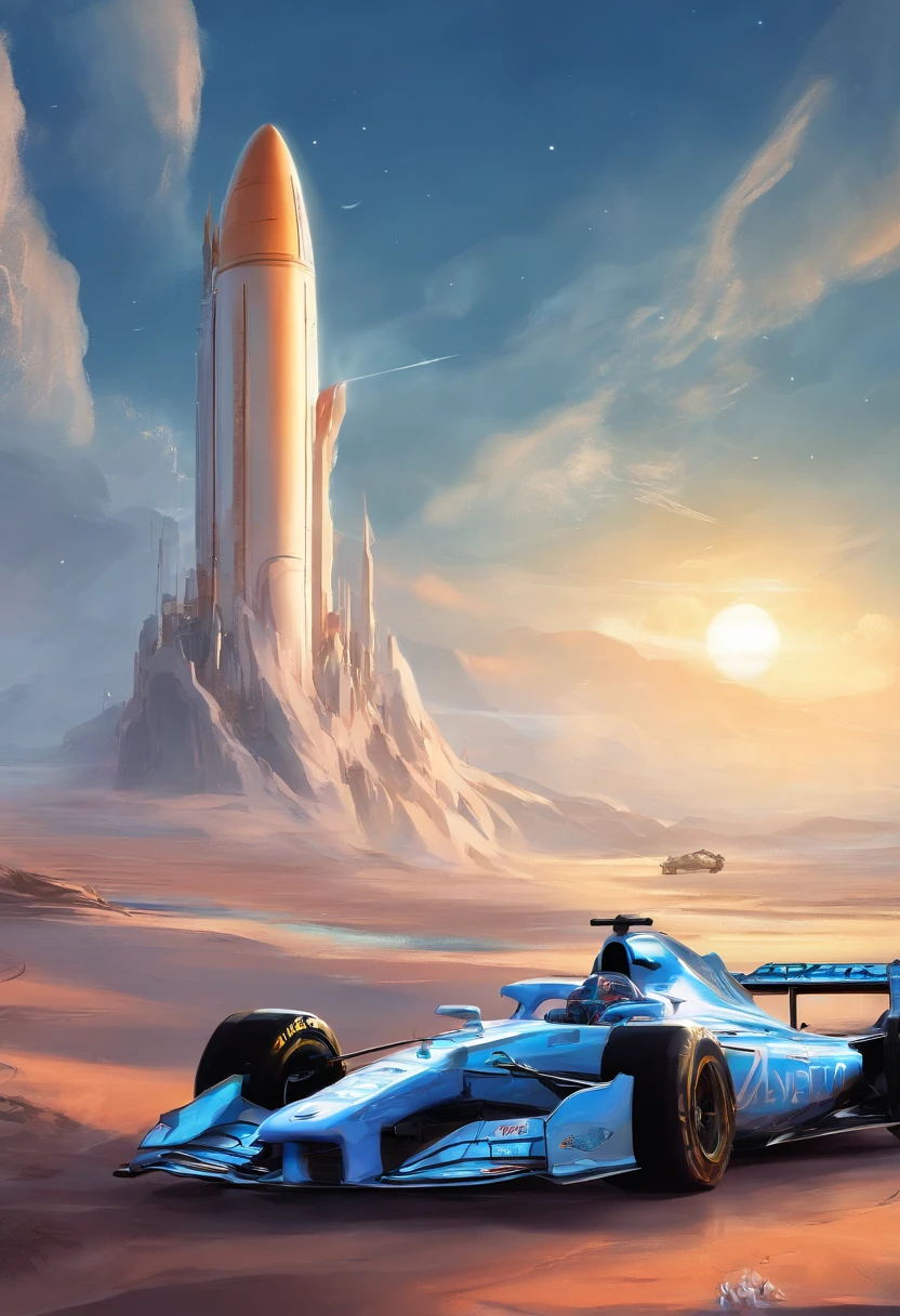 A blue and white F1 rocket F1 co-branded F1 car surface has the words "Blue Moon" Clear Fountain The Fountain Is Clear The Overall Atmosphere Is Majestic