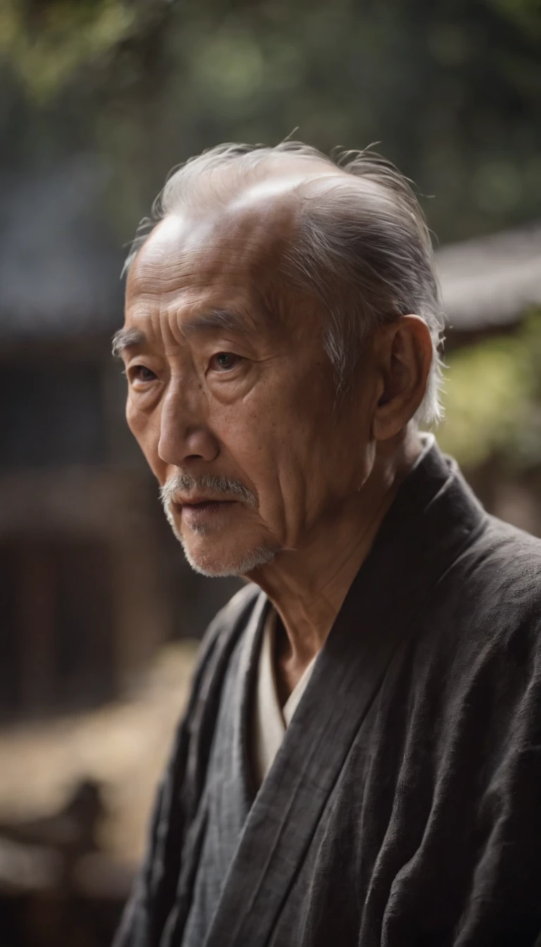 Old man in Japan、Master of the temple、Straight face、facing the front there、dark backgrounds