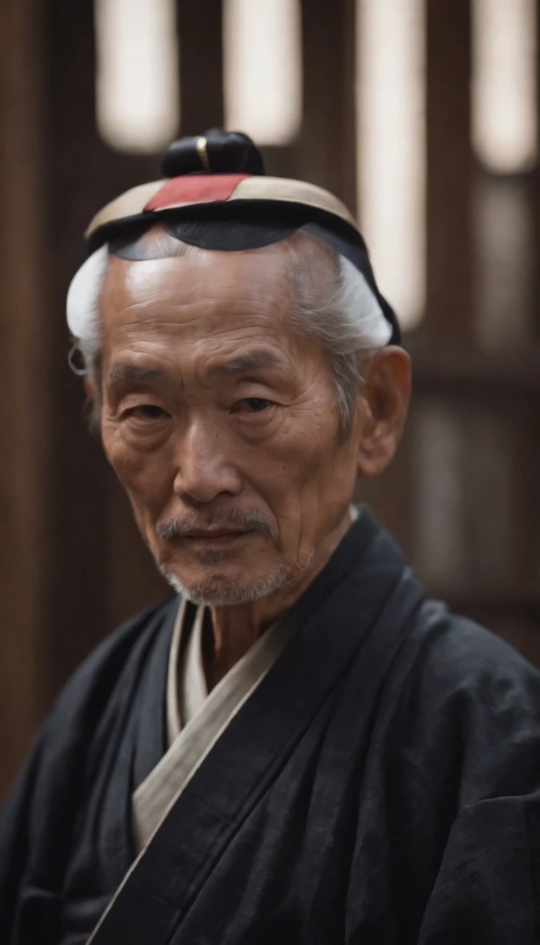 Old man in Japan、Master of the temple、Straight face、facing the front there、dark backgrounds