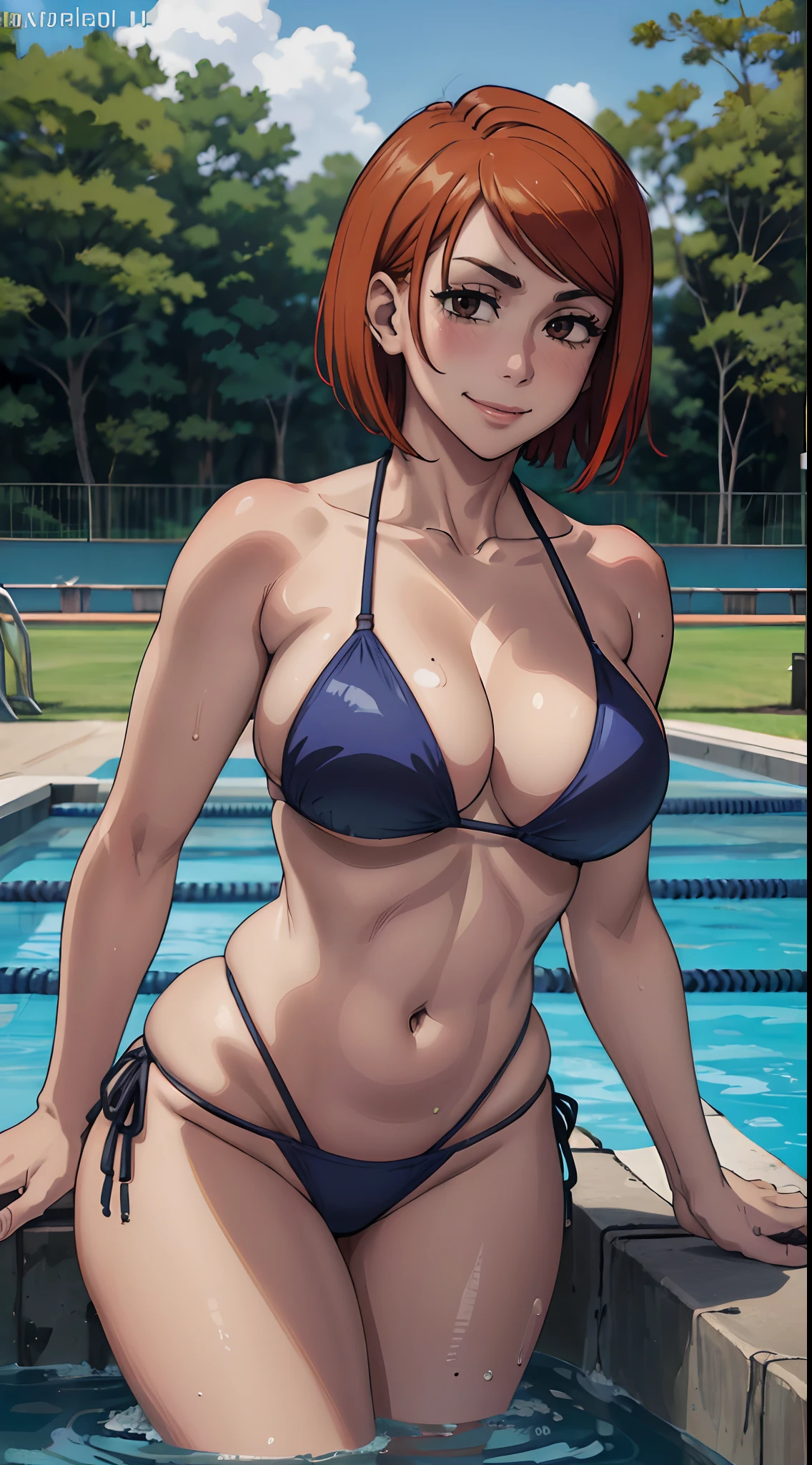 (melhor qualidade:1.3), (qualidade 4K), Nobara Kugisaki by jujutsu no kaisen, ((detailed face)),((smile)), ((curvy body)), (peitos grandes), clivagem, sexy, (( cut hair)), ((thong bikini )), ((pool))